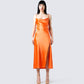 Alina Orange Satin Midi Dress model front
