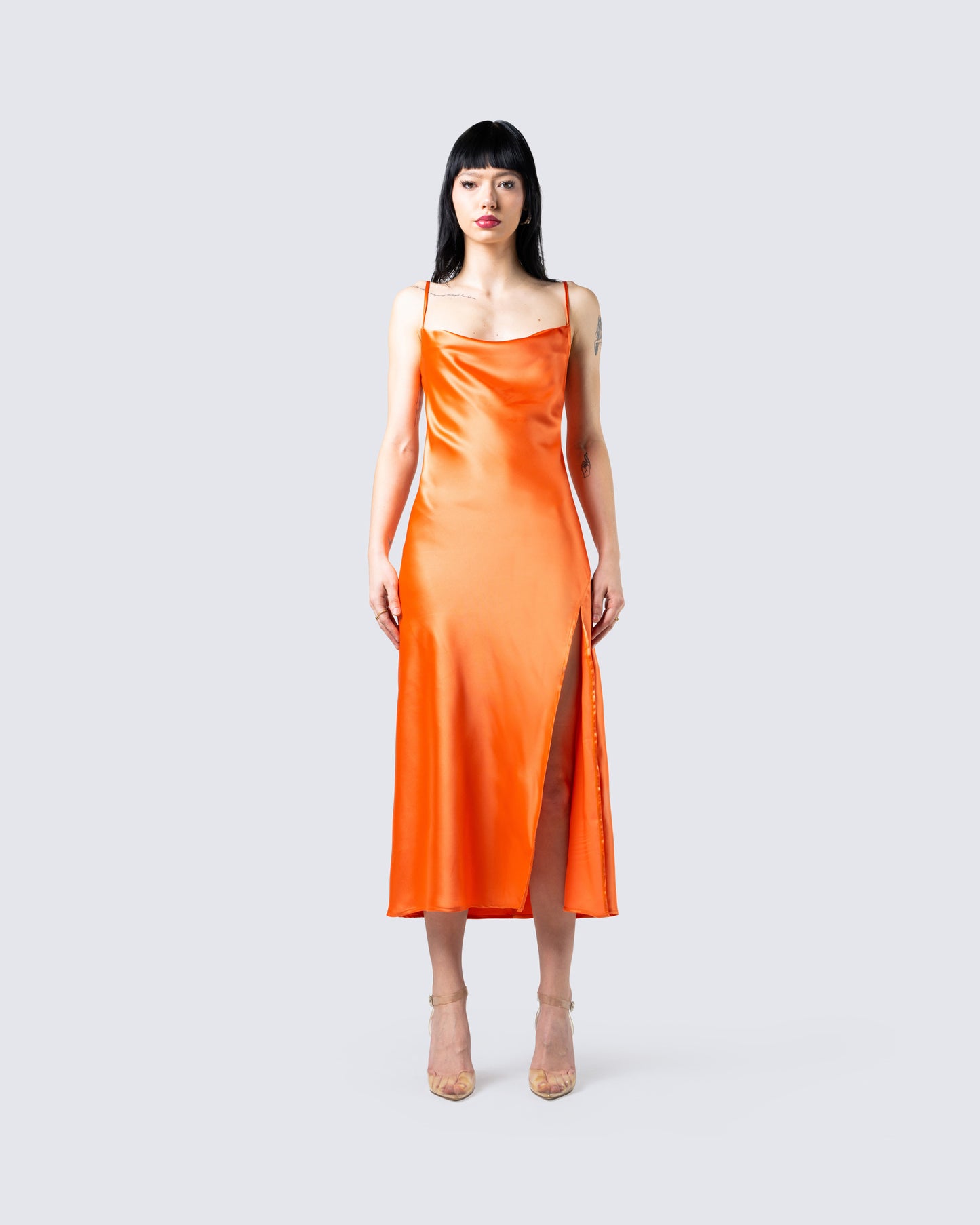 Alina Orange Satin Midi Dress model front