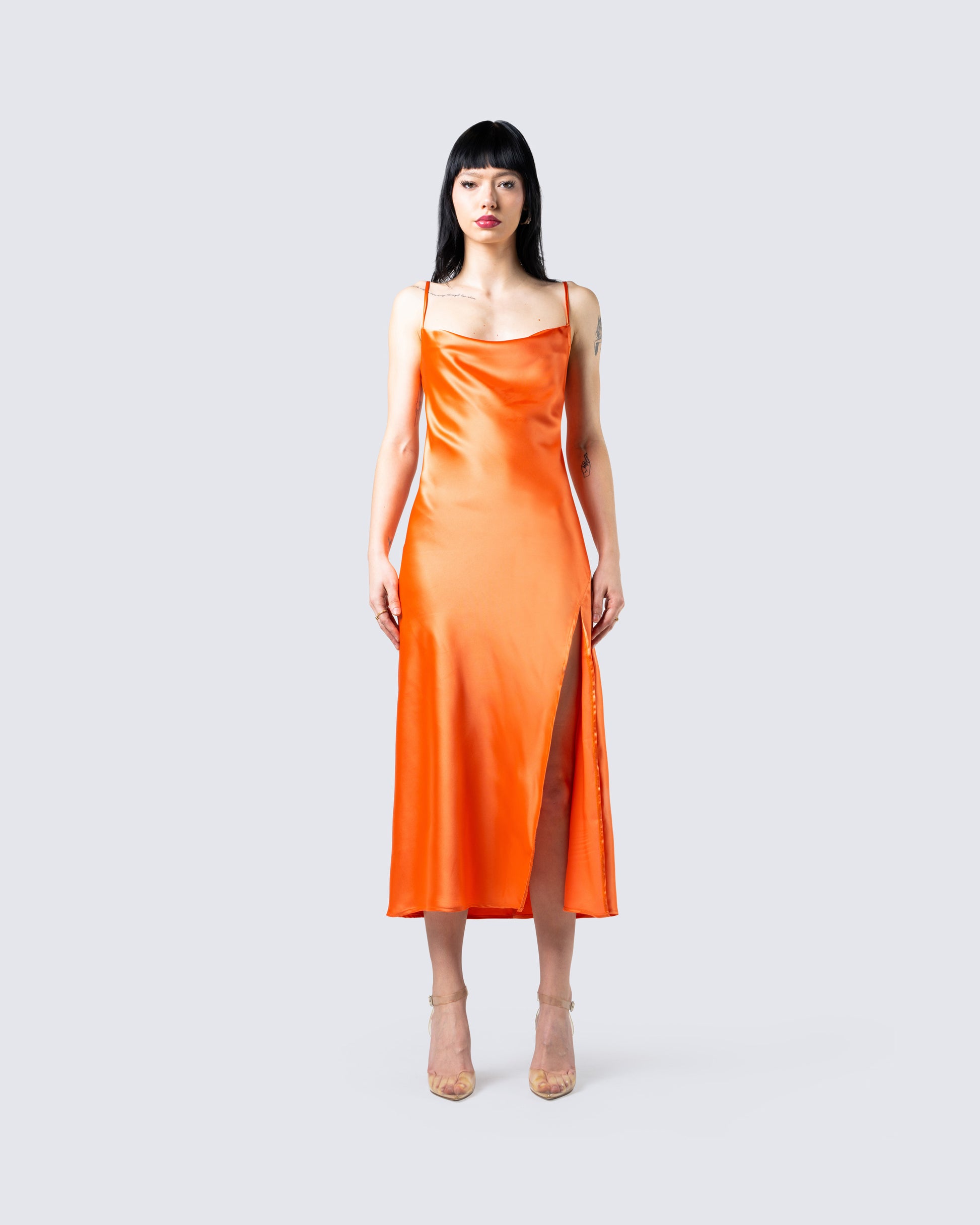 Alina Orange Satin Midi Dress model front