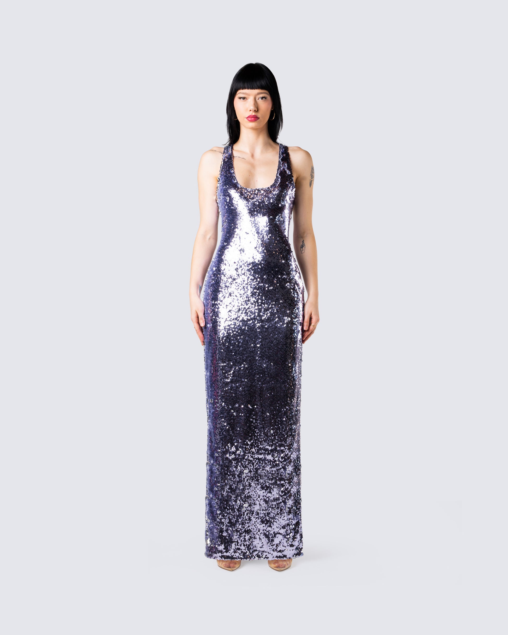 Elsa Lilac Sequin Sleeveless Gown model front