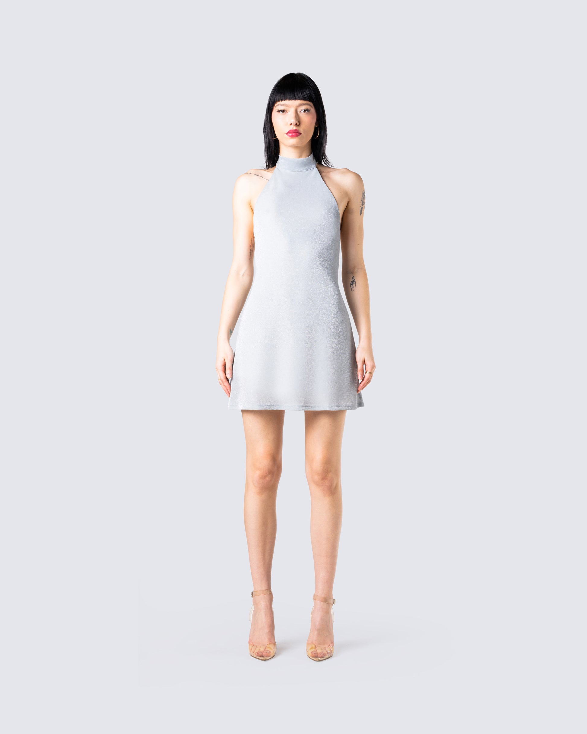 Cinder Grey Halter Mini Dress model front