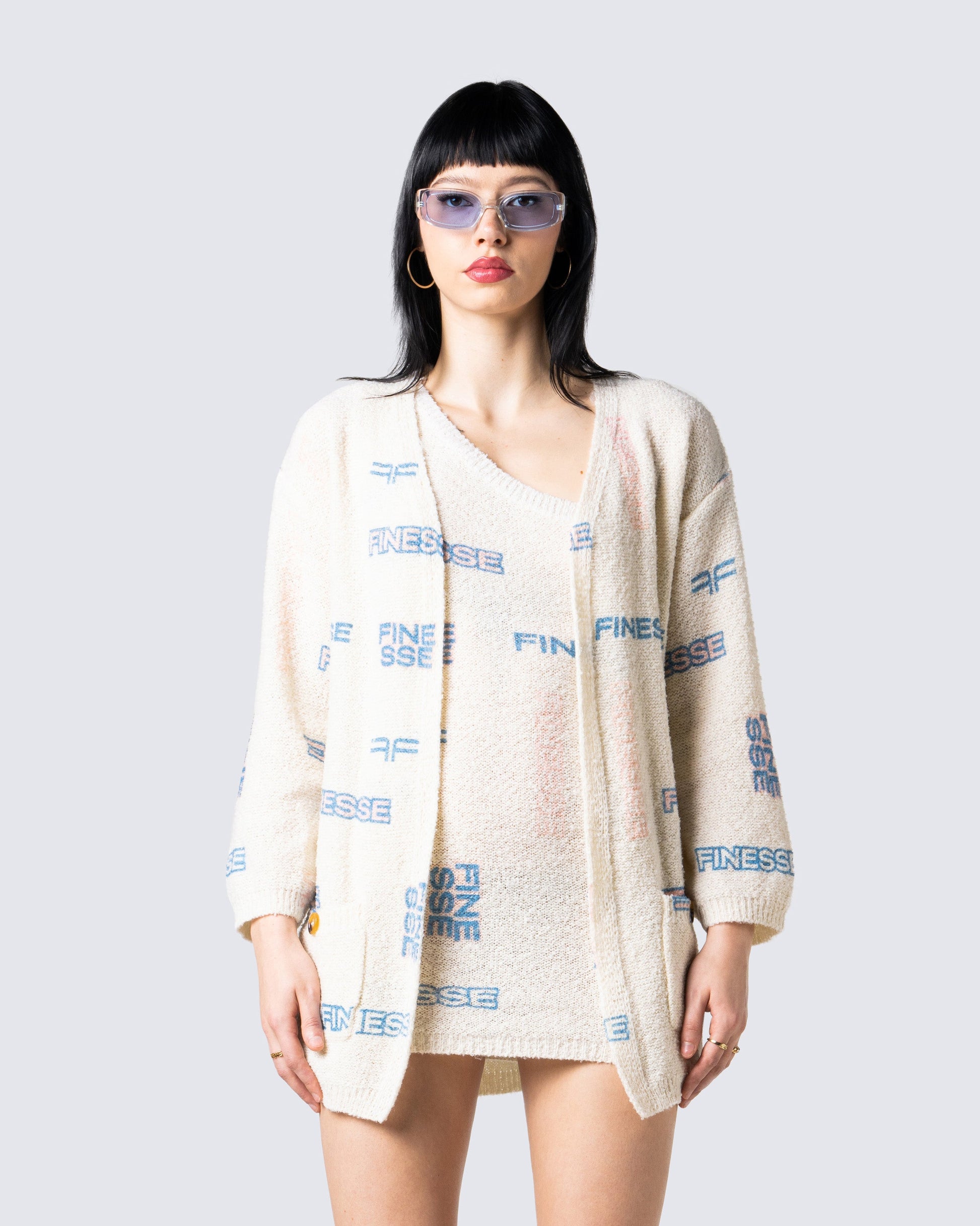 Alicia Ivory Print Mini Cardigan model front