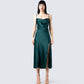Alina Emerald Satin Midi Dress model front