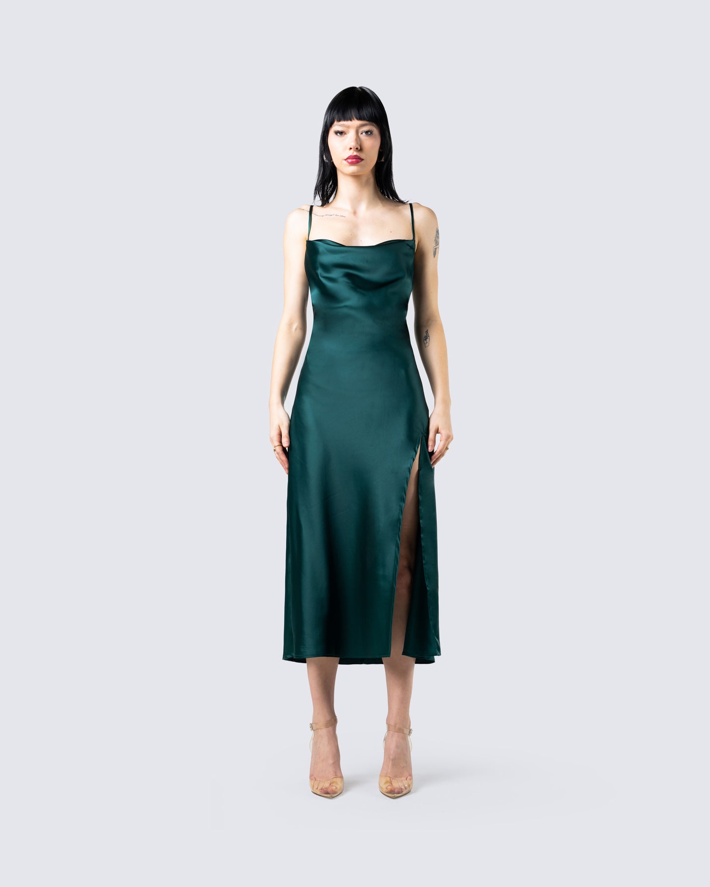 Alina Emerald Satin Midi Dress model front