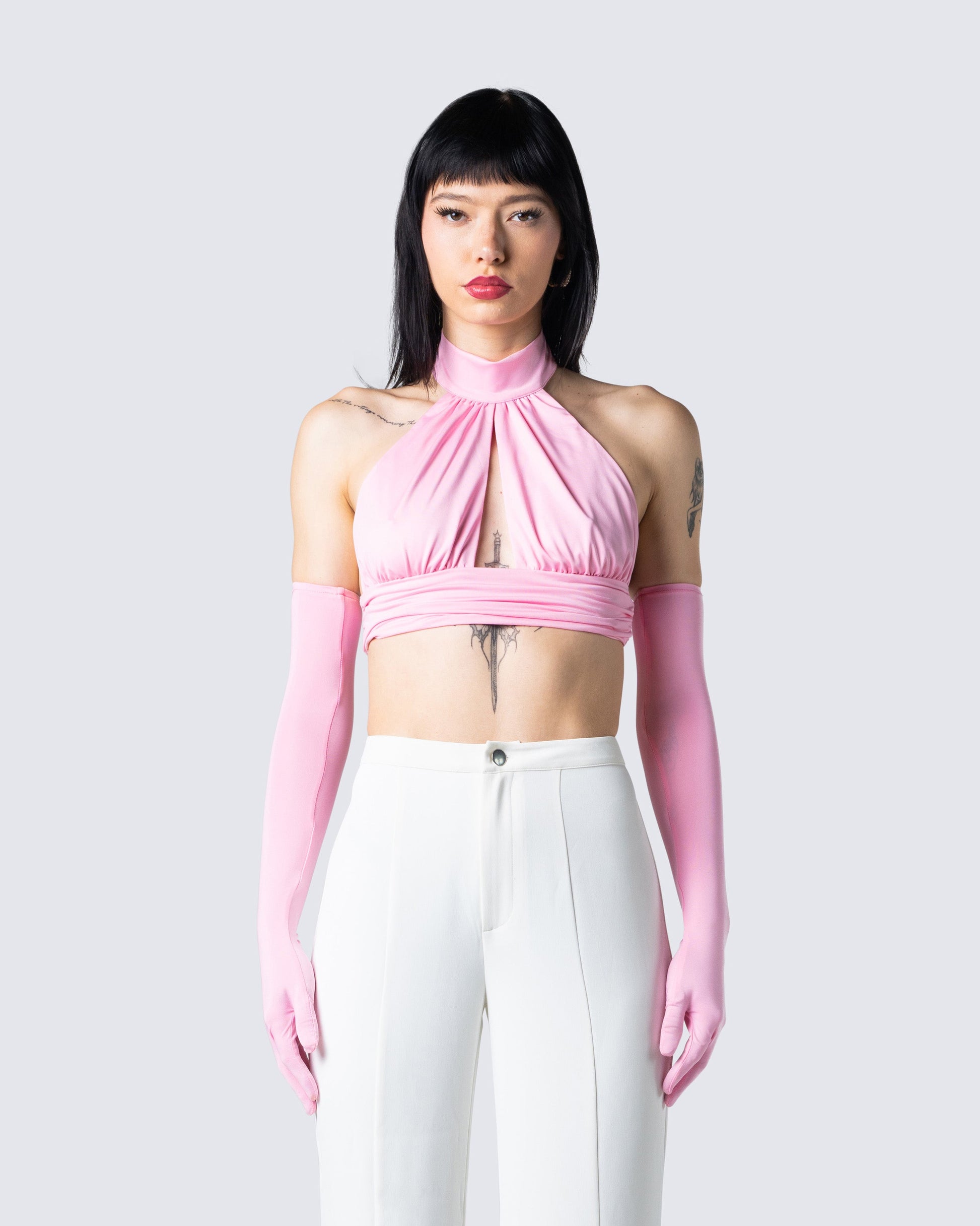 Emmy Pink Halter Crop Top model front