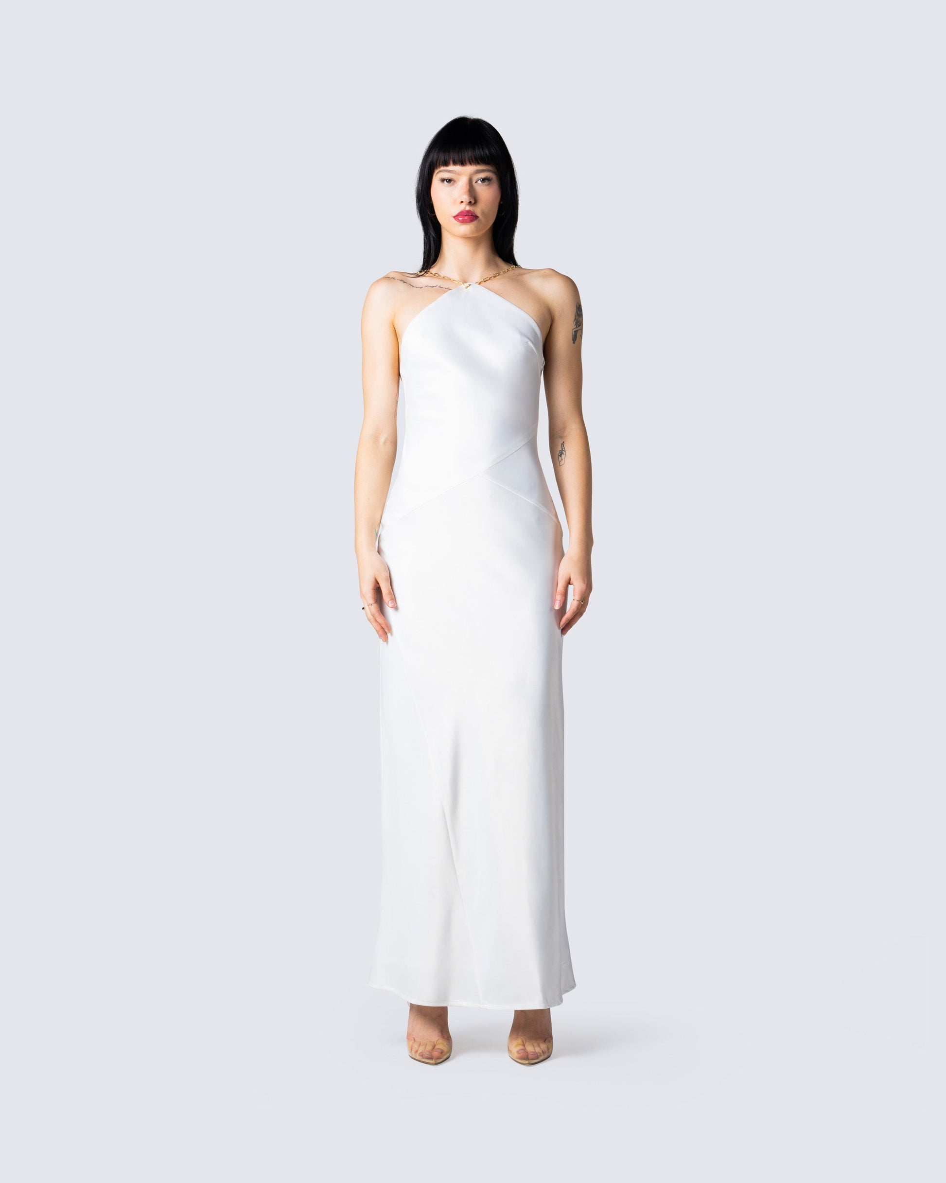 Nicola White Chain Maxi Dress model front