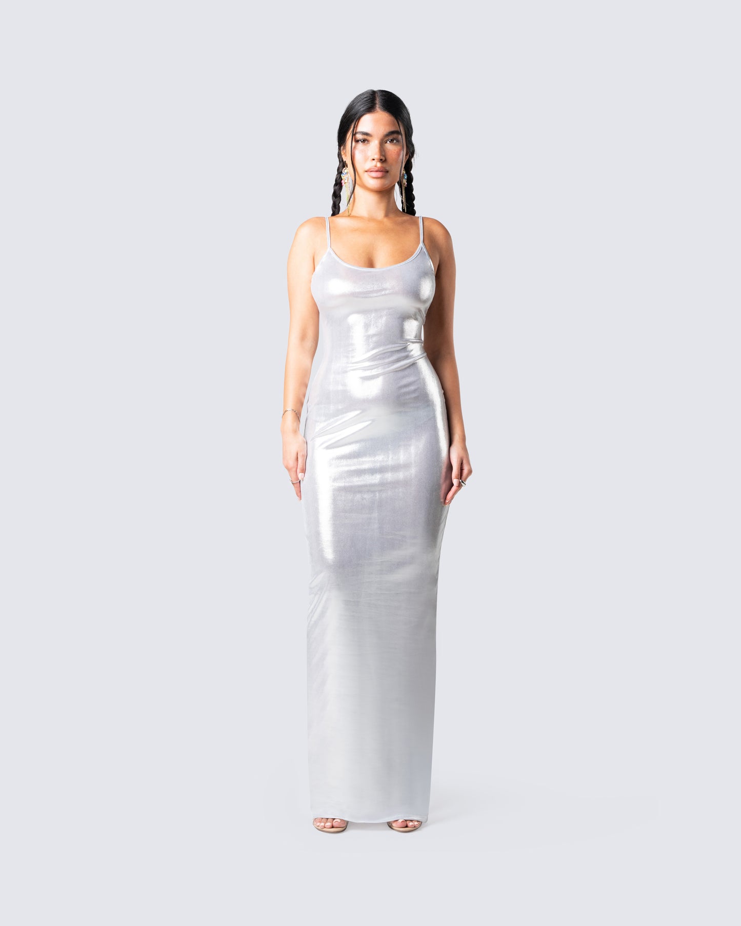 Katrina Metallic Fitted Maxi Dress model front