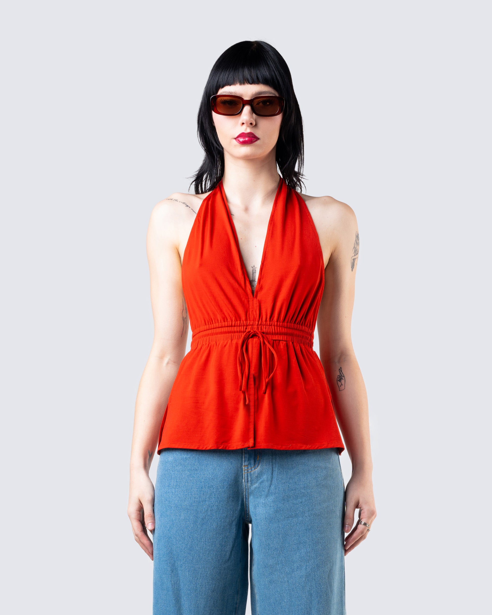 Miriam Red Knit Halter Top model front