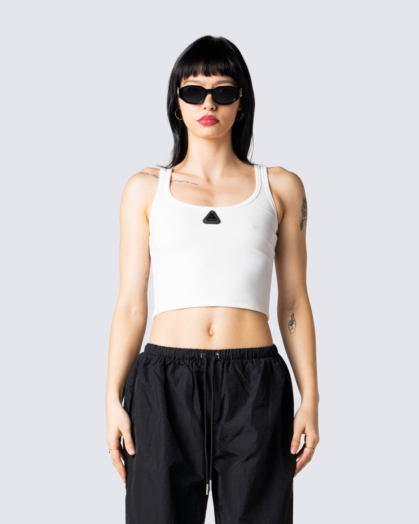 Ezra White Logo Tank Top model front