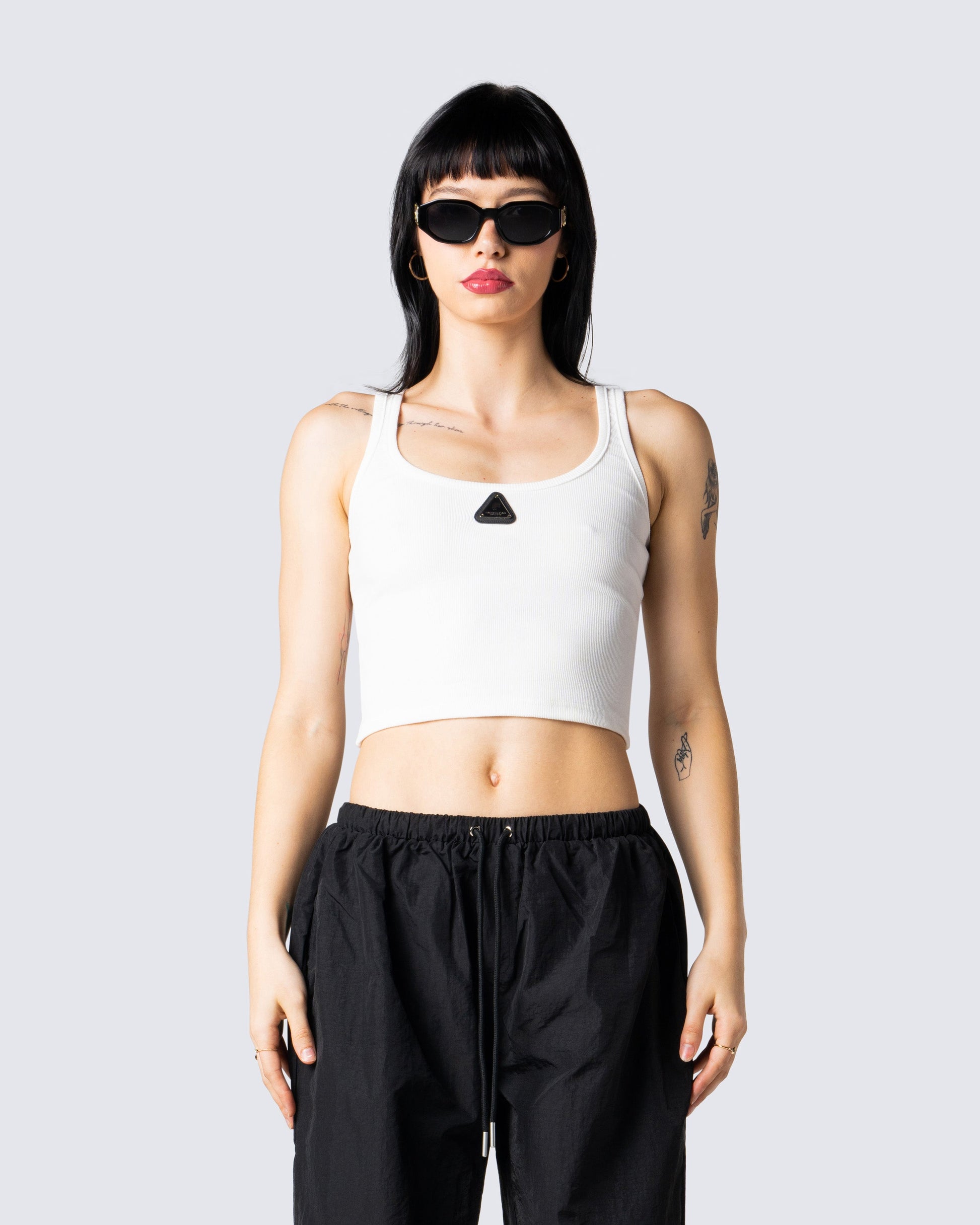 Ezra White Logo Tank Top model front