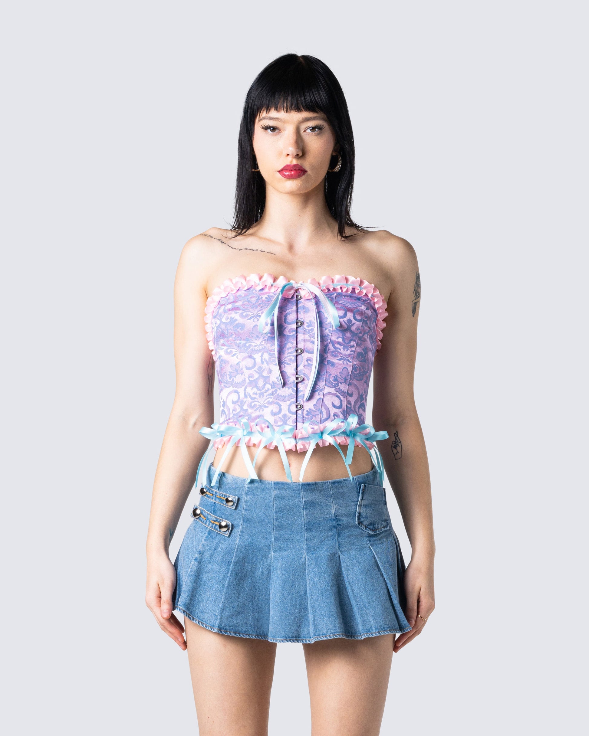 Dolly Blue Sweetheart Corset Top model front