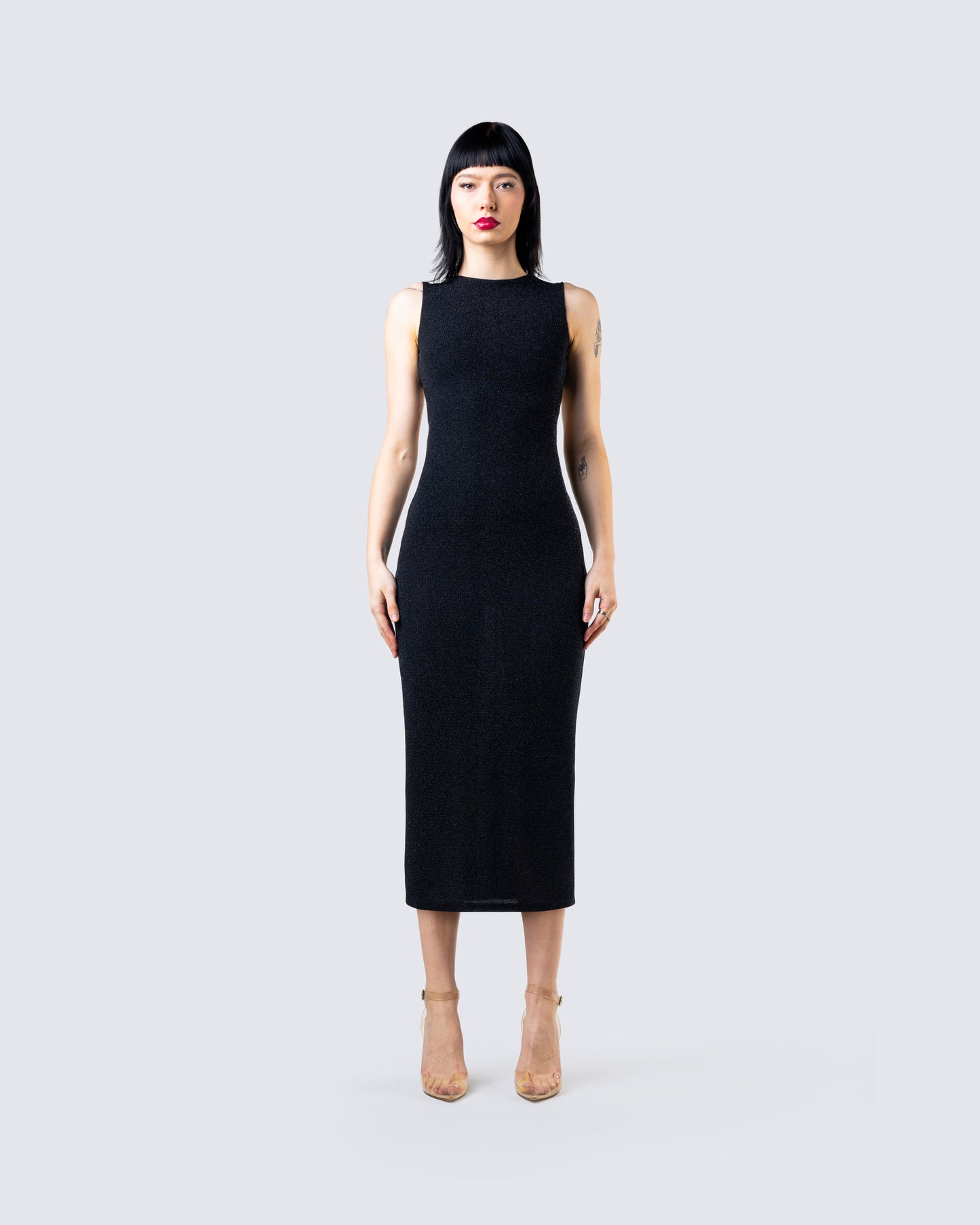 Umbra Black Shimmer Midi Dress model front