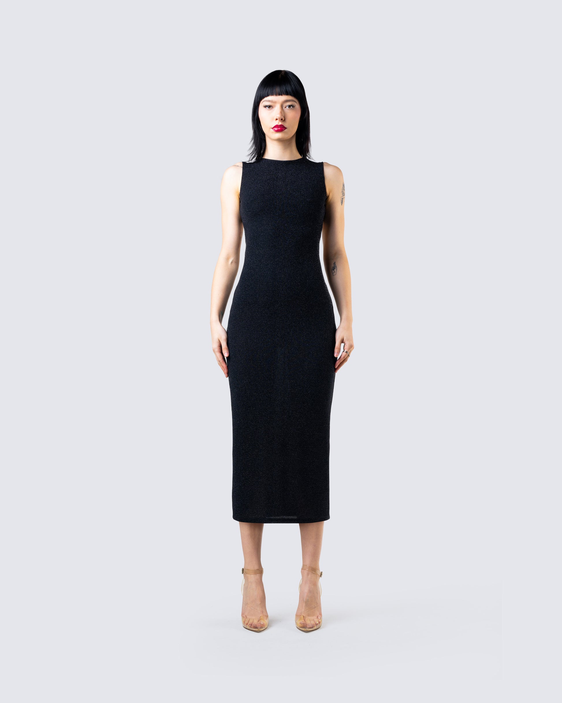 Umbra Black Shimmer Midi Dress model front