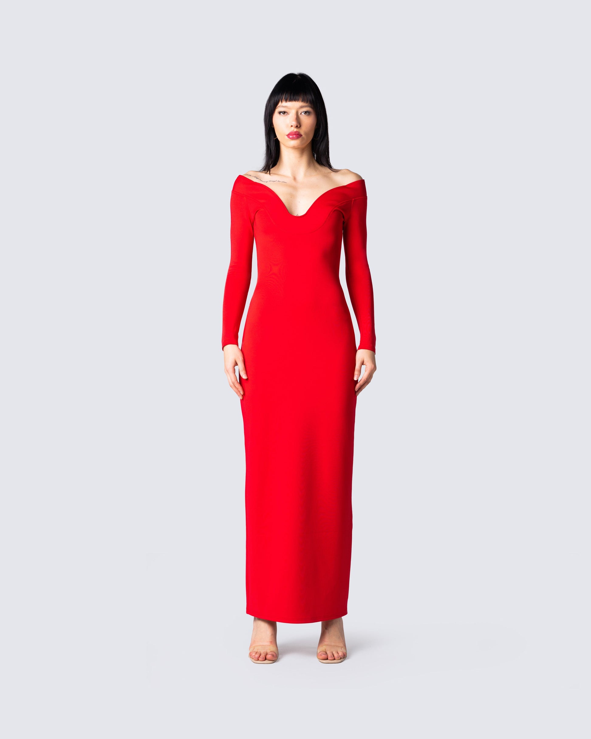 Brooke Red Maxi Dress model front
