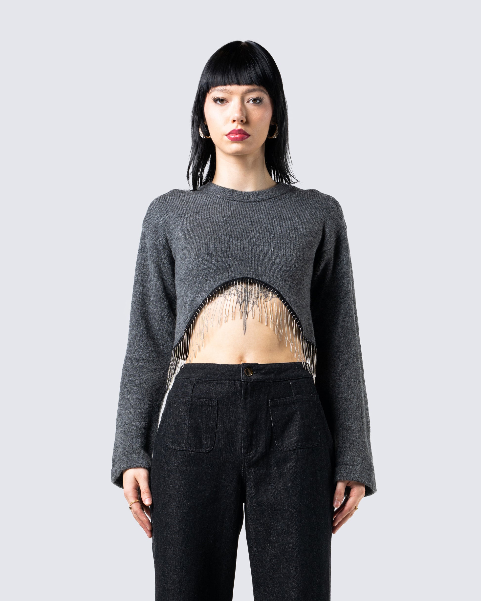 Josephine Grey Crystal Sweater Top model front
