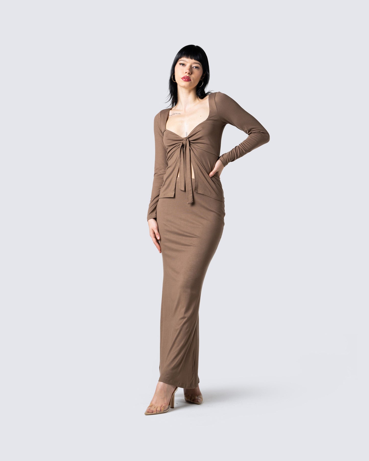 Abra Taupe Tie Front Top