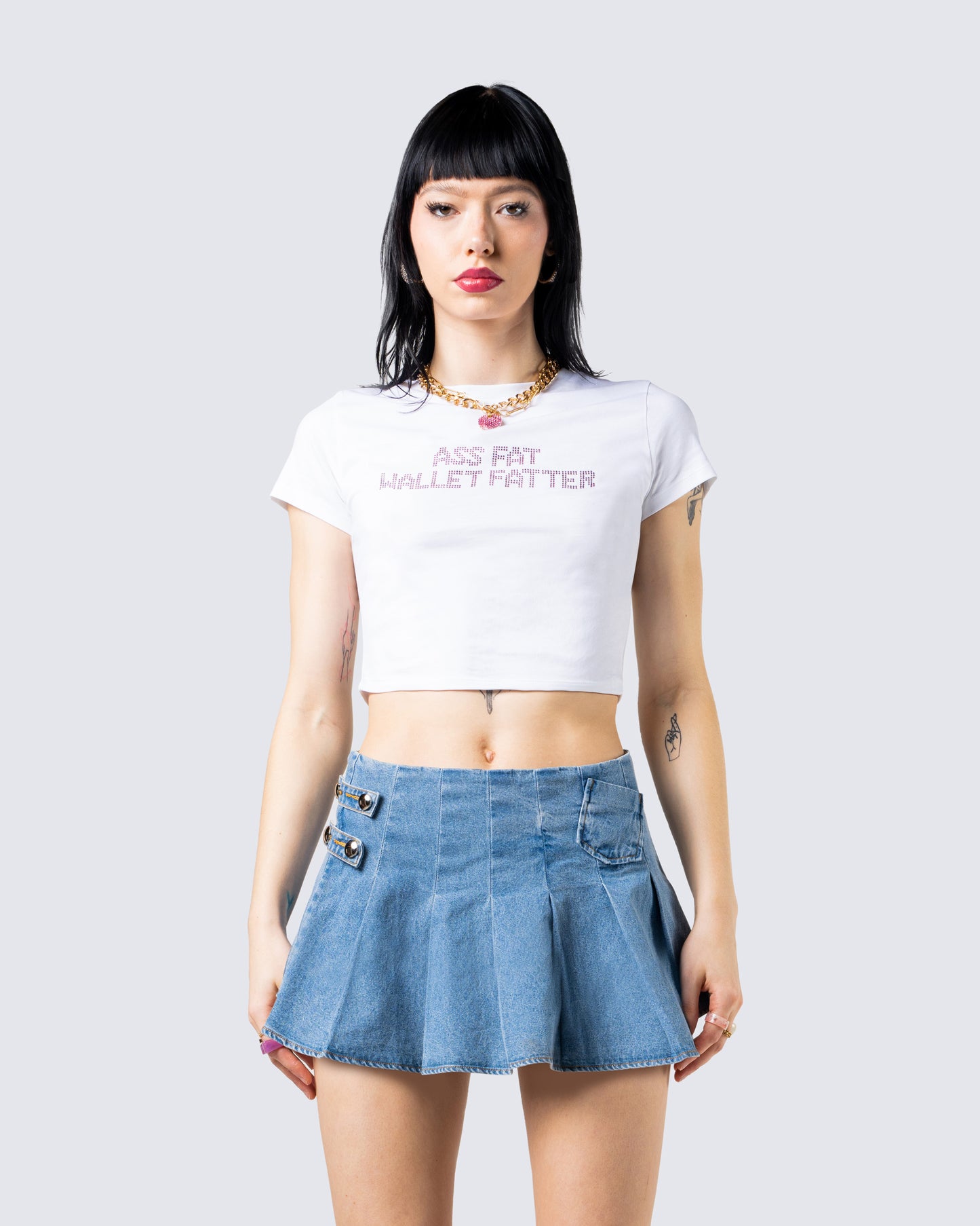 Suvi White Rhinestone Cropped Top model front