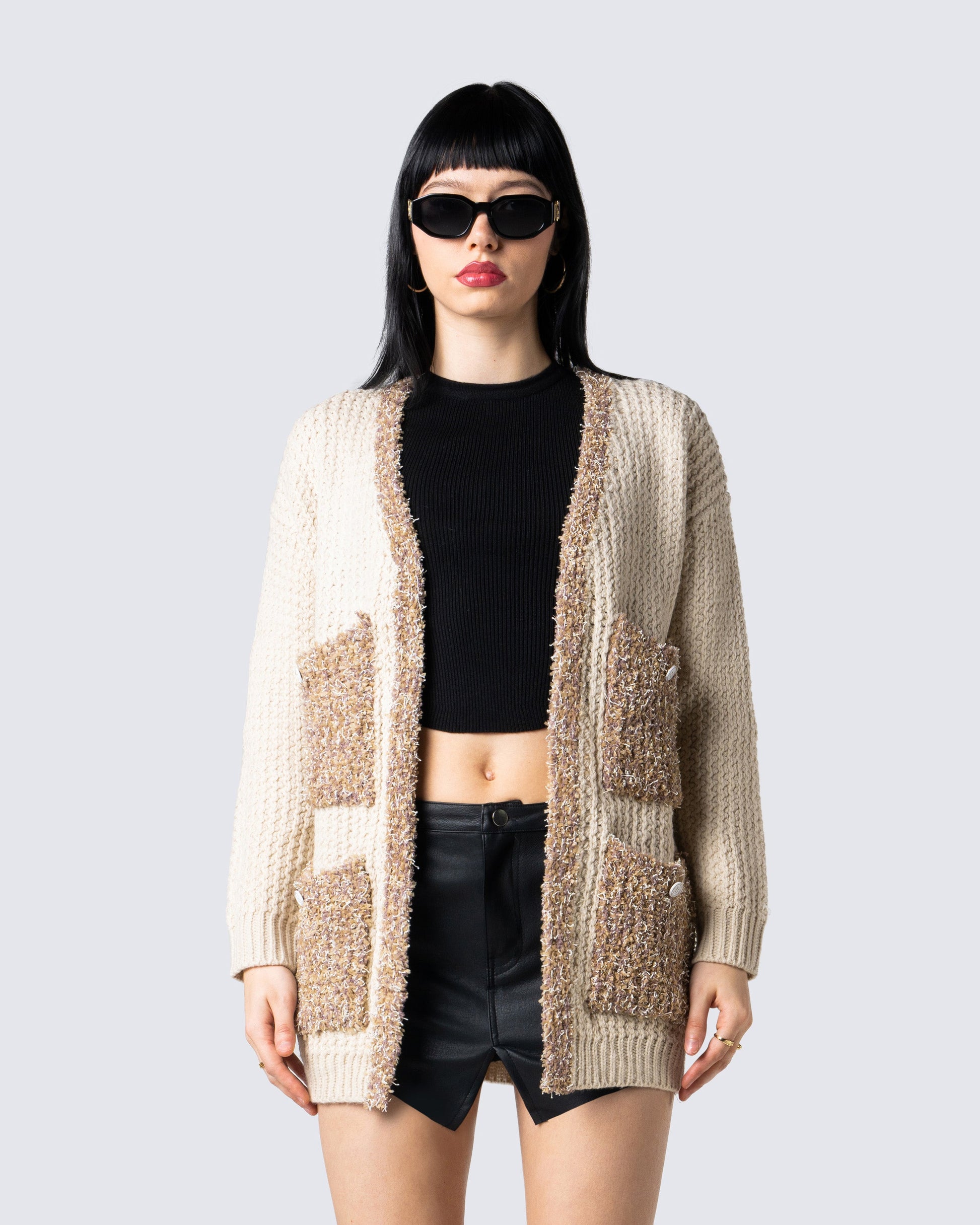 Alfie Beige Cardigan Top model front