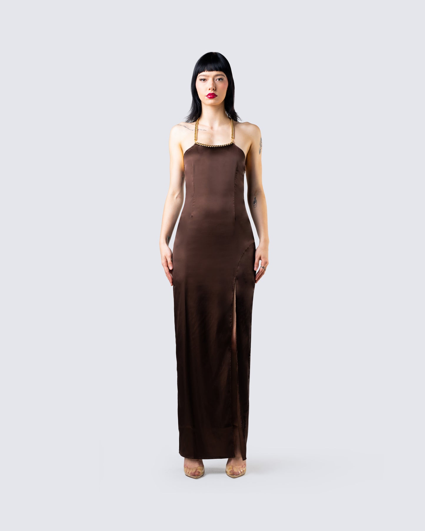 Claude Brown Satin Gown model front