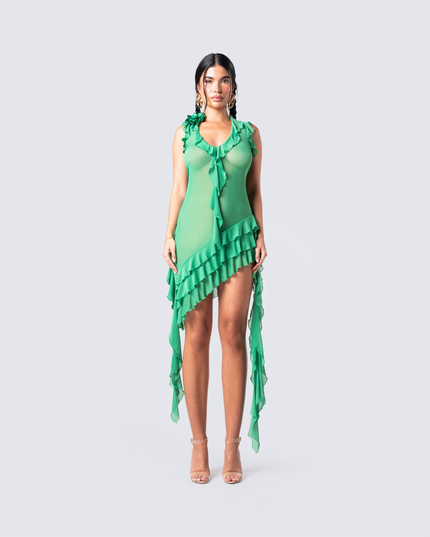 Christine Green Ruffled Mini Dress model front