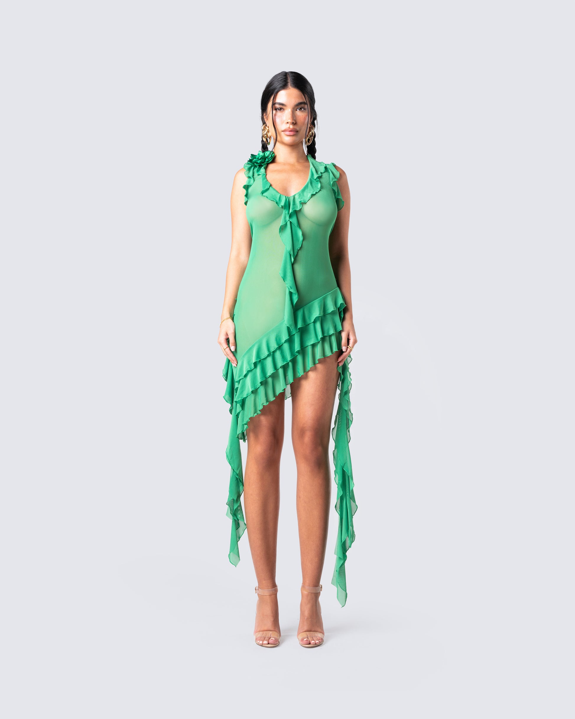 Christine Green Ruffled Mini Dress model front