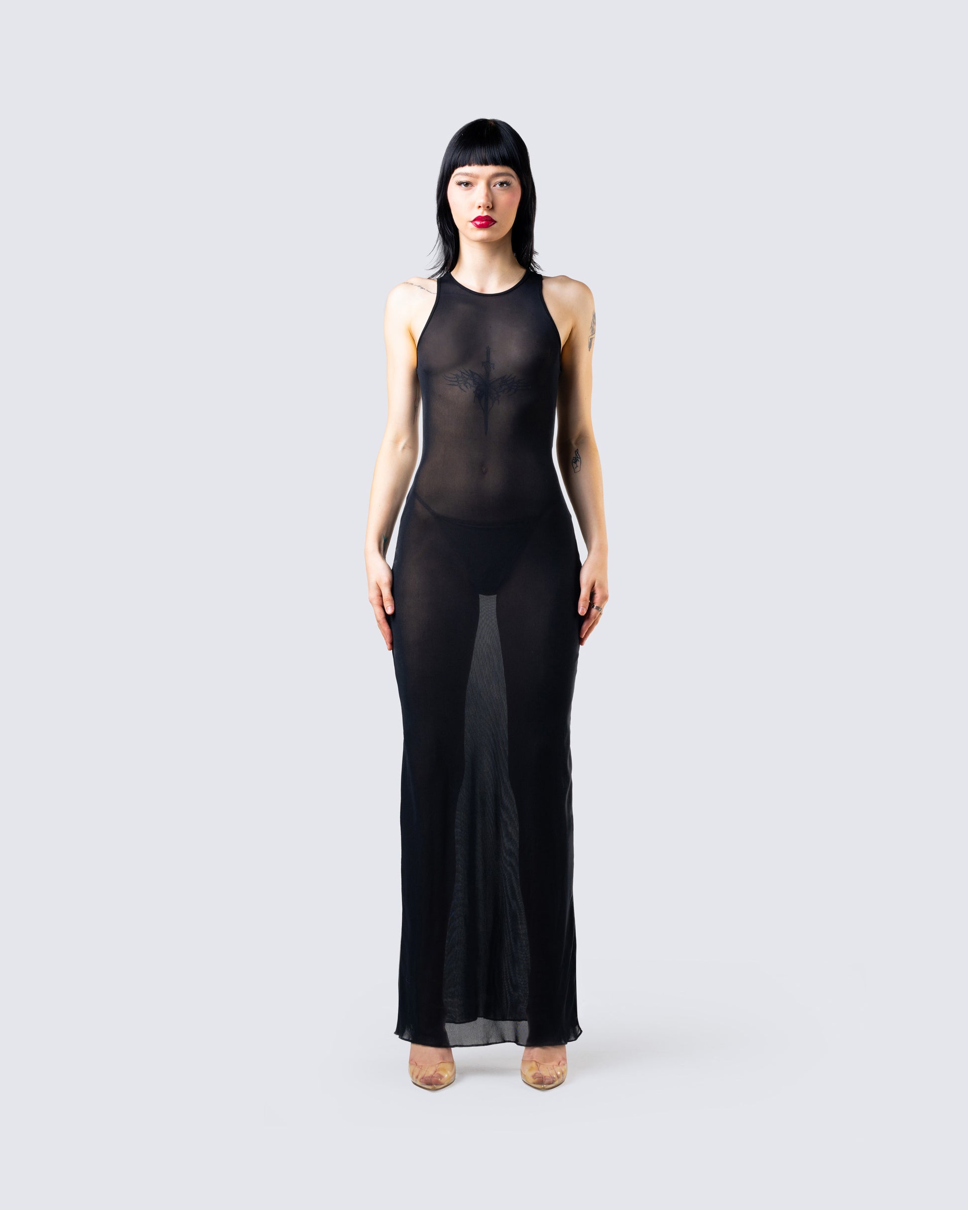 Rosario Black Mesh Maxi Dress model front