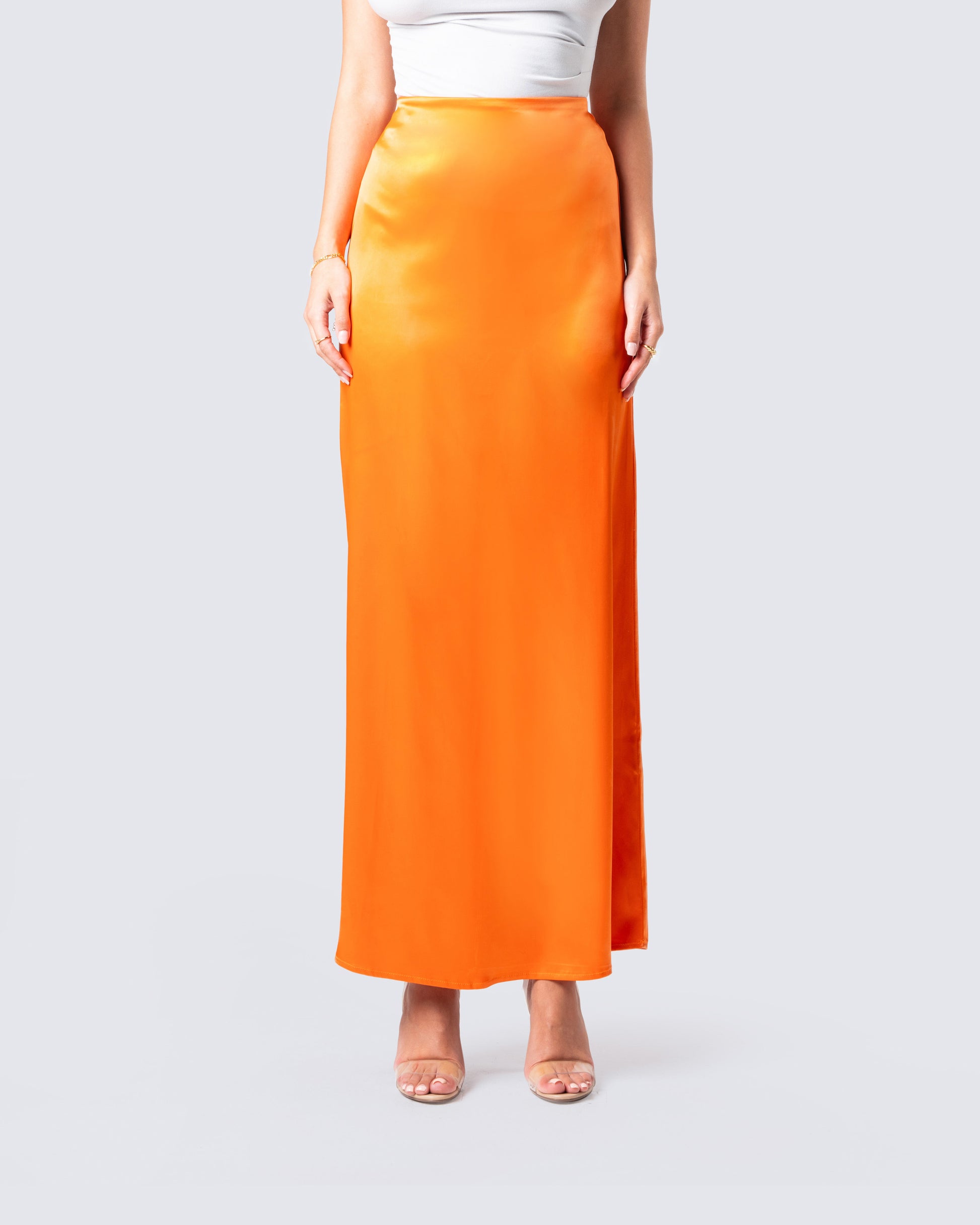 Odette Orange Satin Maxi Skirt model front
