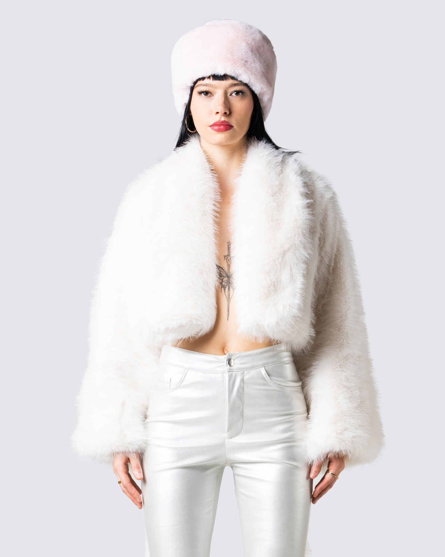 Hollis White Vegan Fur Coat model front