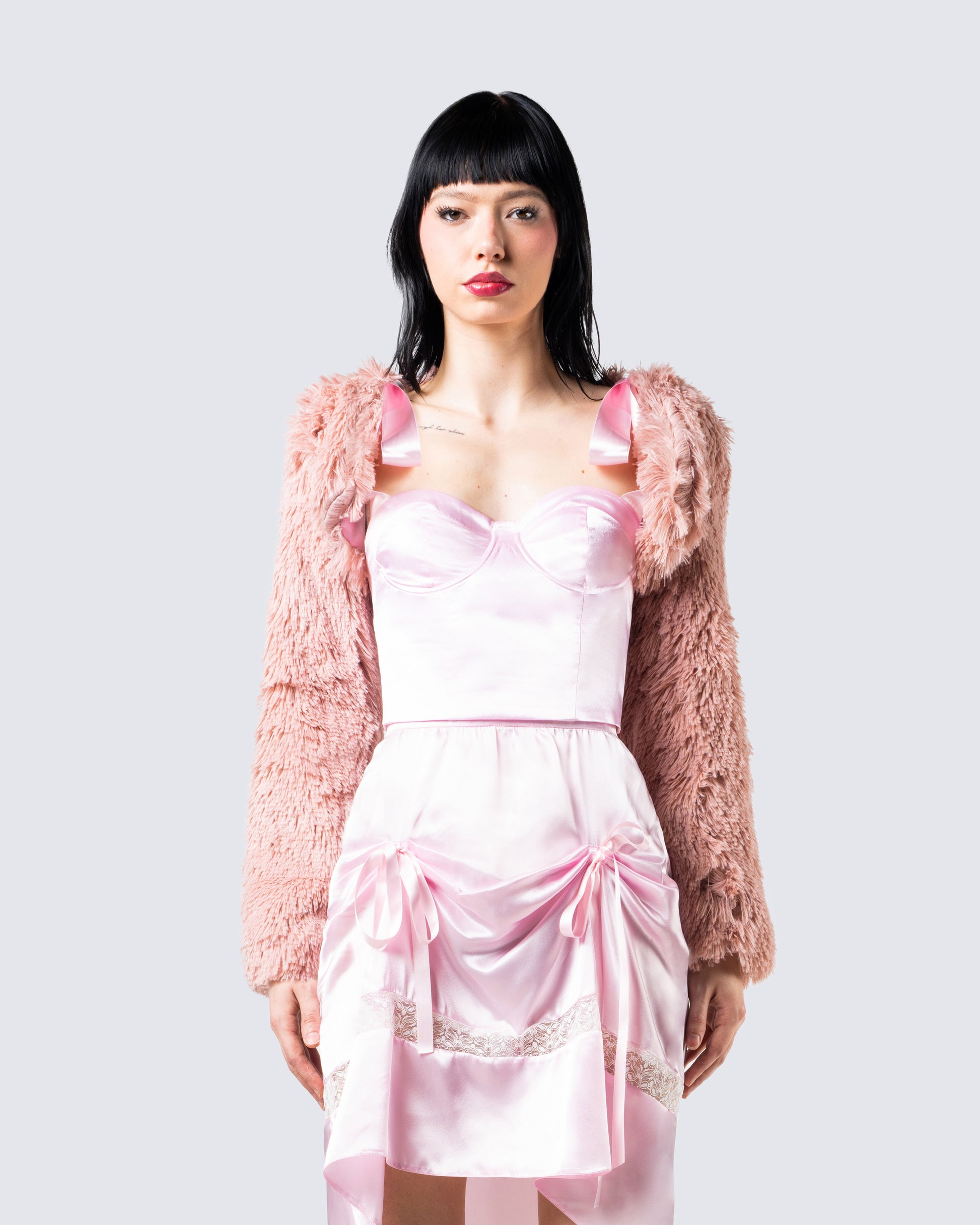 Edith Pink Vegan Fur Shrug Jacket model front