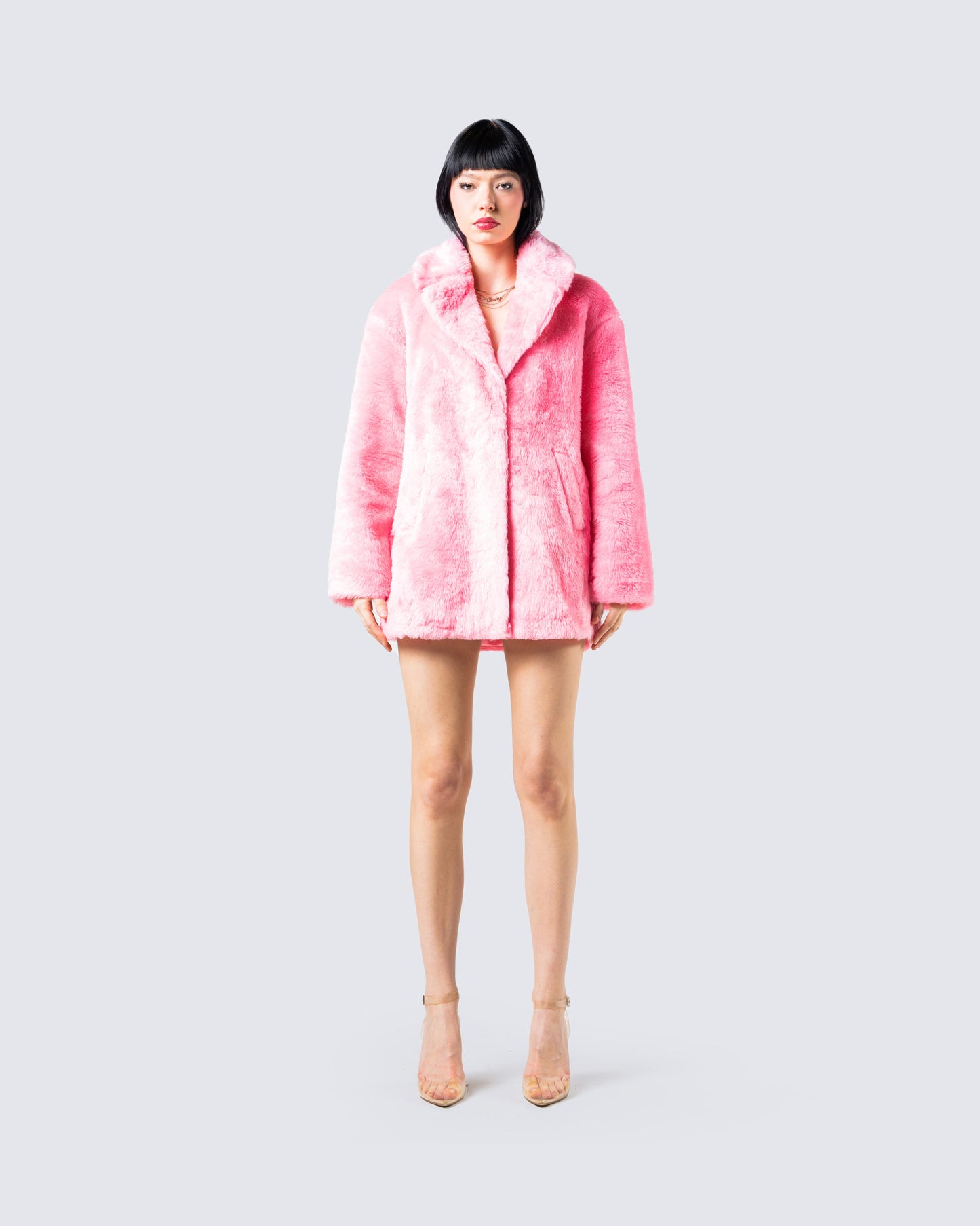 Nicole Pink Vegan Fur Coat model front