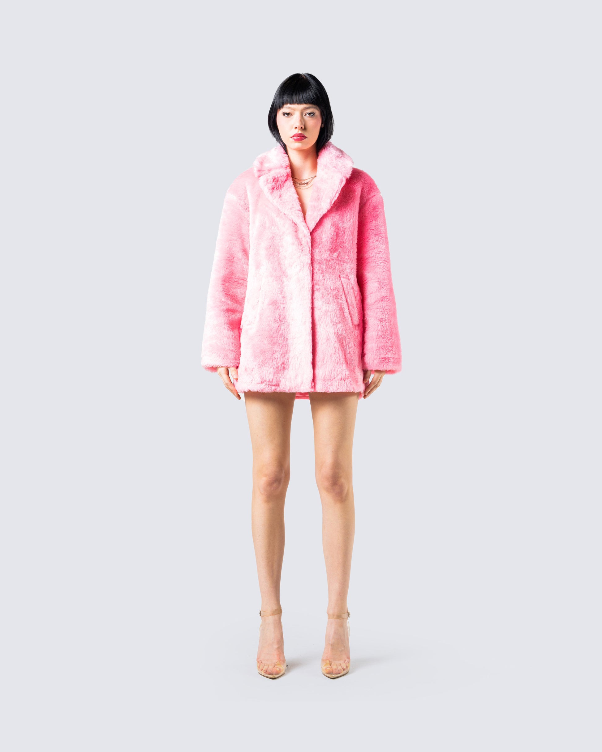 Nicole Pink Vegan Fur Coat model front
