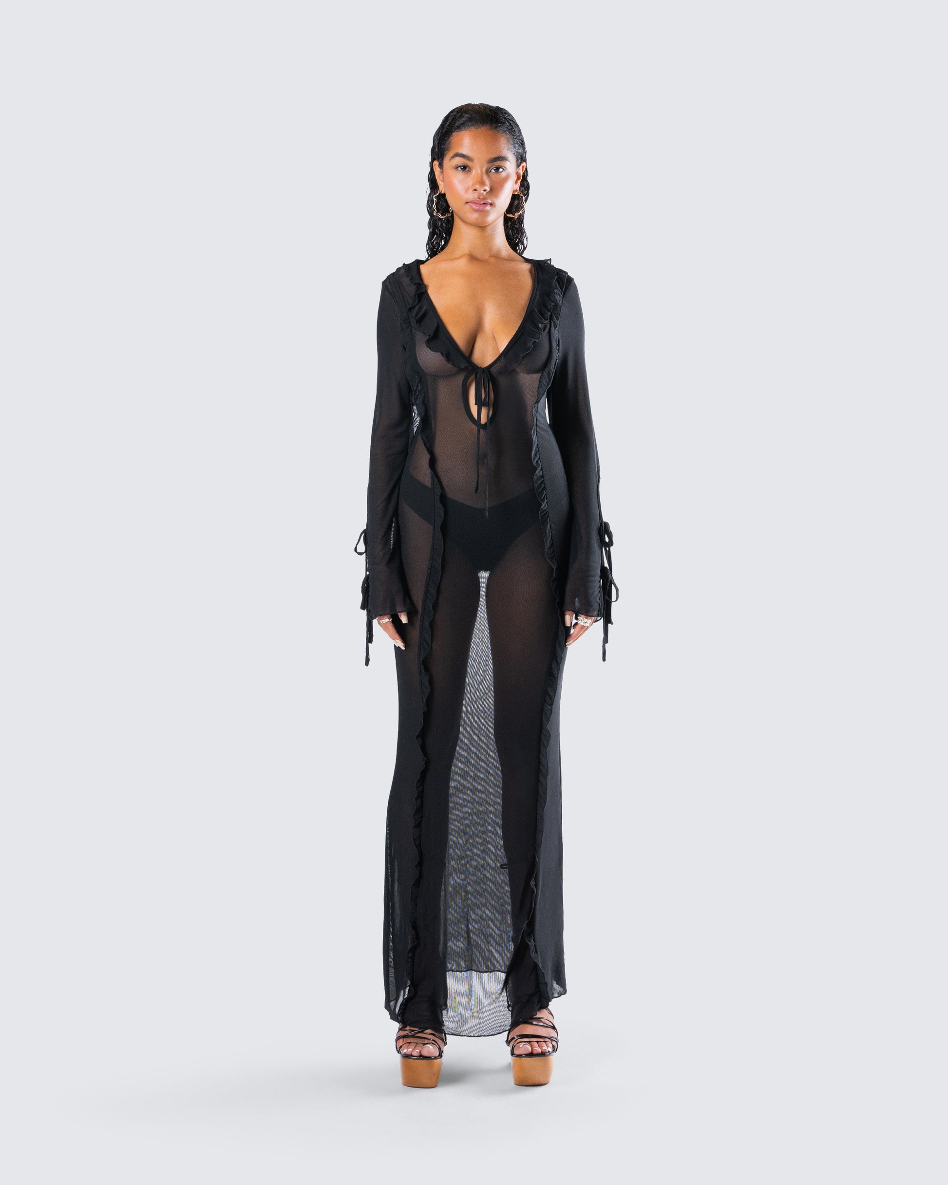 Florence Black Mesh Maxi Dress model front