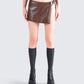 Lu Brown Vegan Leather Mini Skirt model front