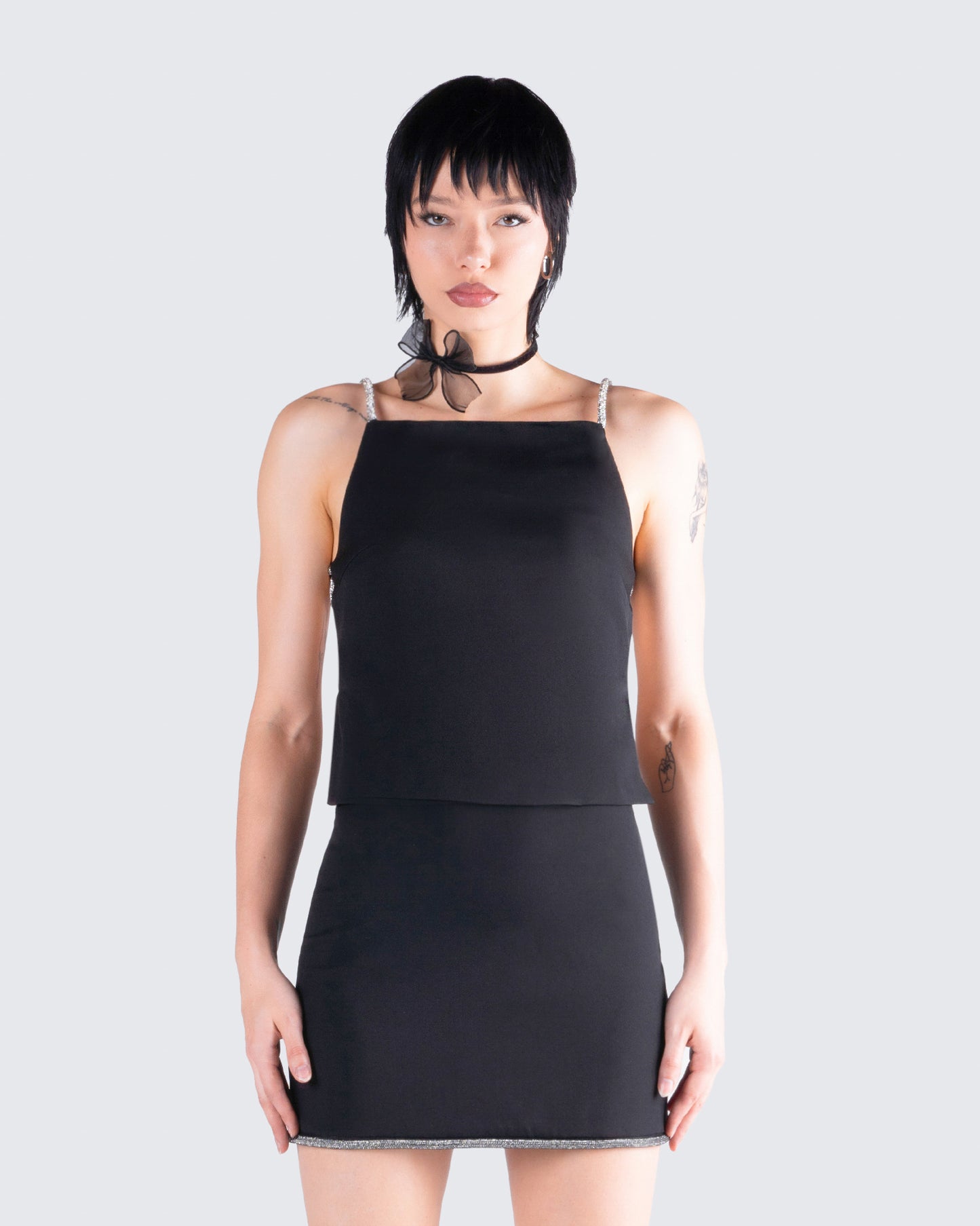 Birgit Black Rhinestone Top model front