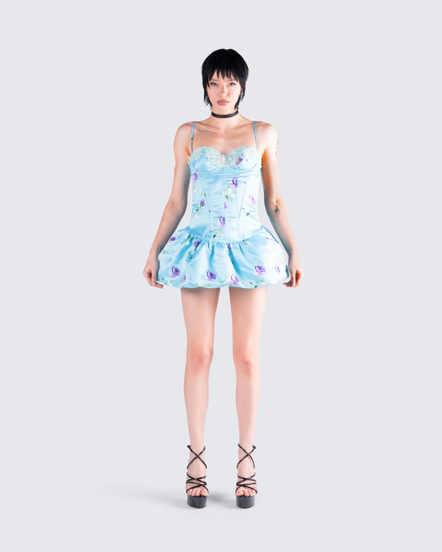 Tif Blue Satin Floral Bubble Dress model front