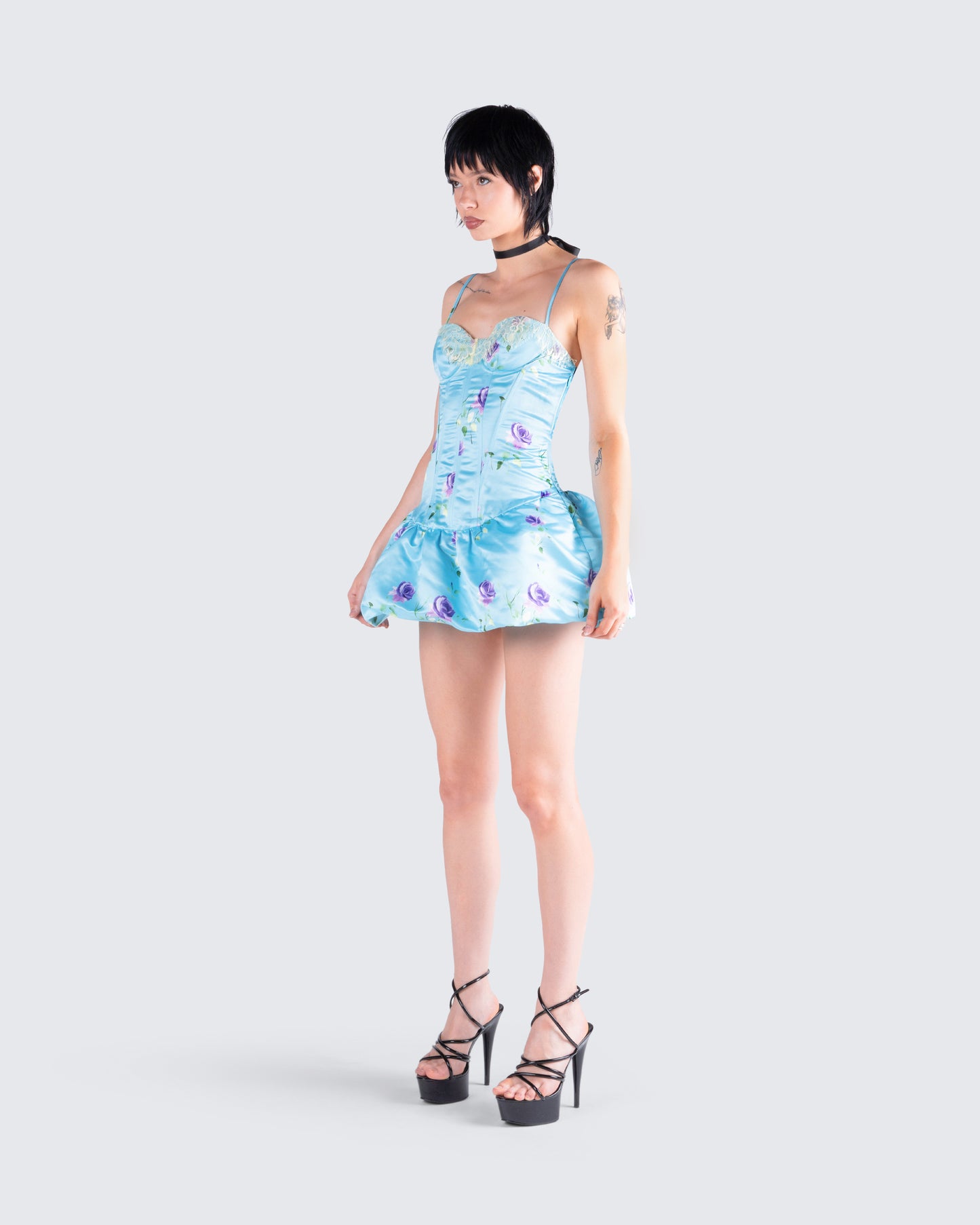 Tif Blue Satin Floral Bubble Dress