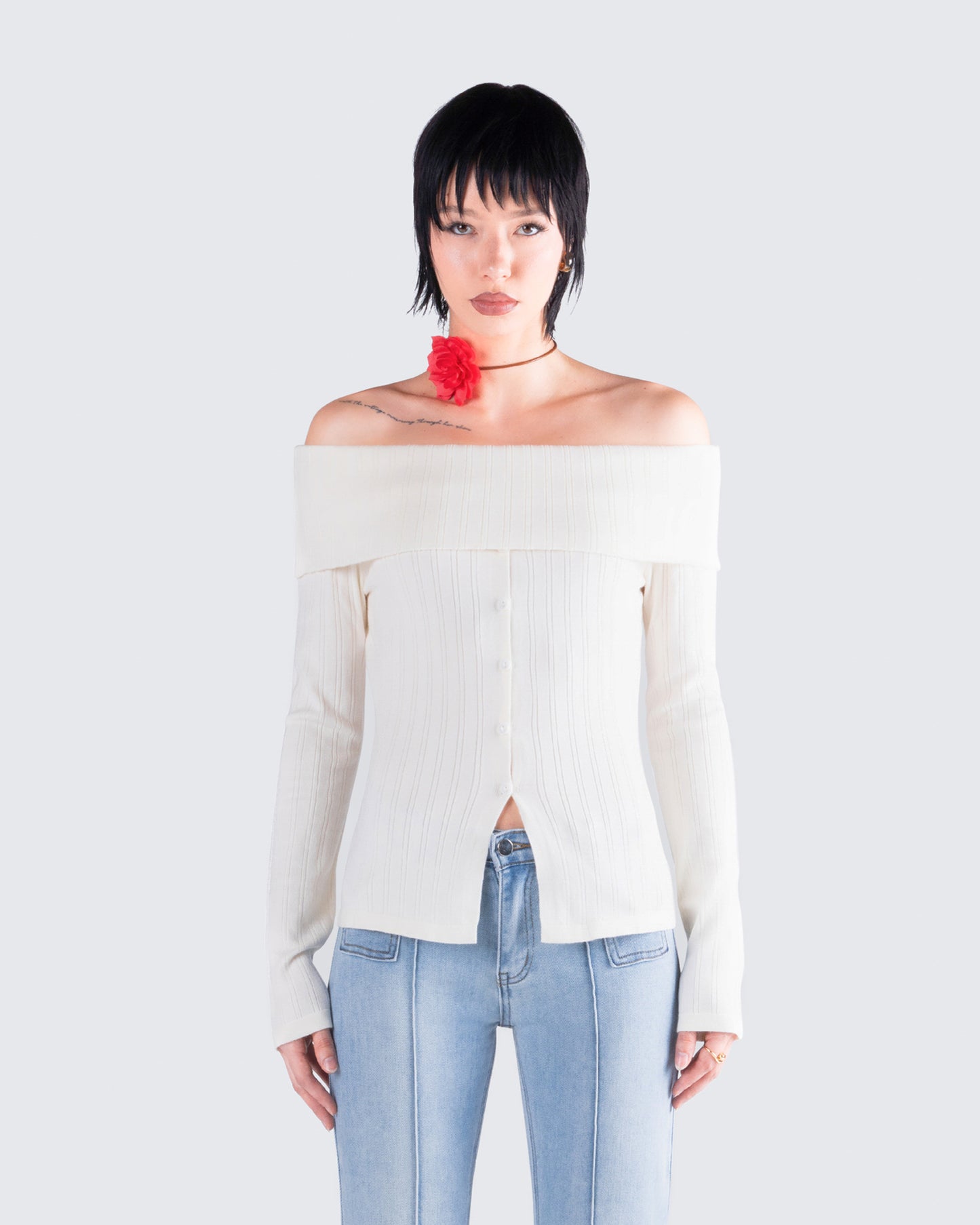 Zo Ivory Off Shoulder Sweater Top model front