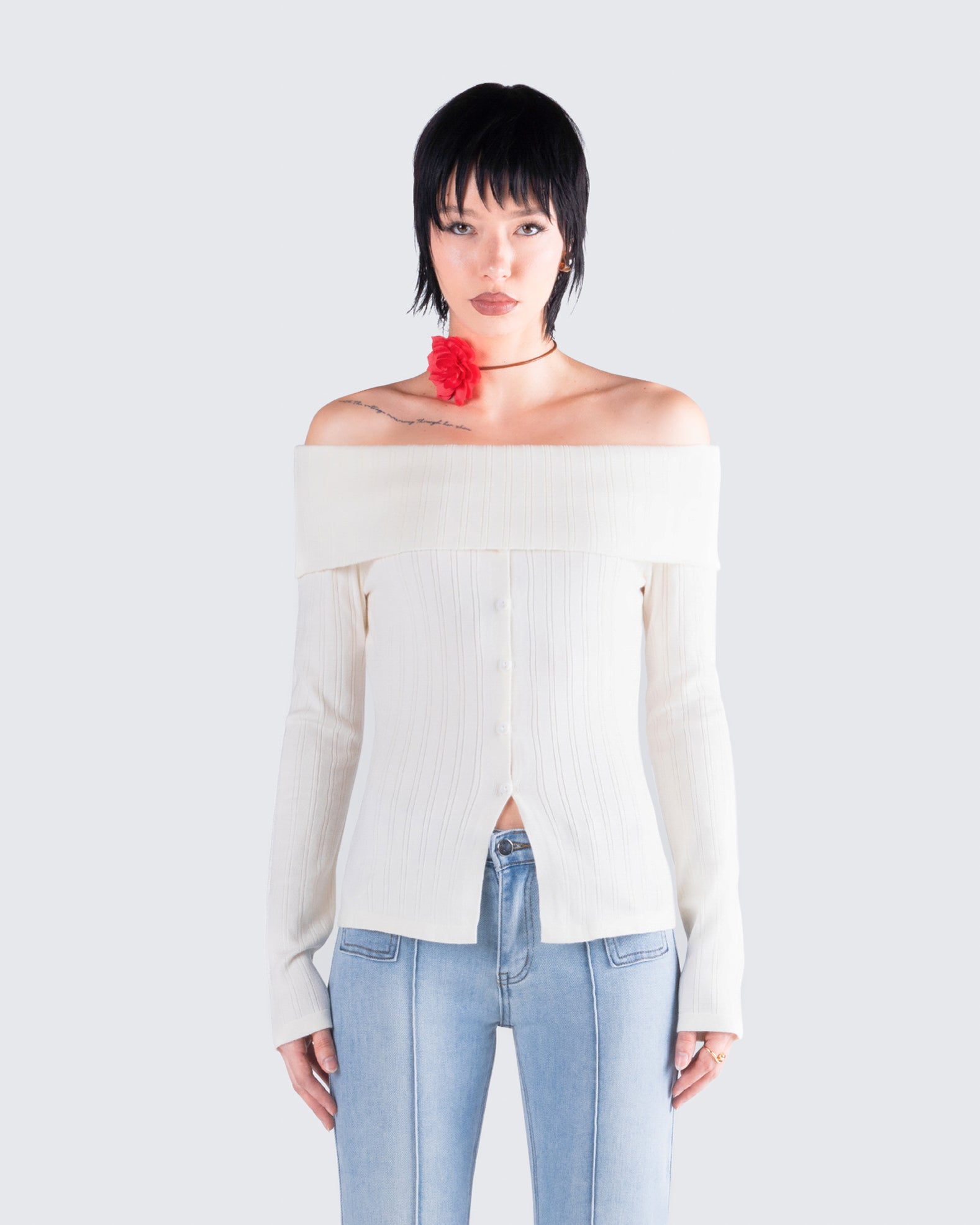 Zo Ivory Off Shoulder Sweater Top model front