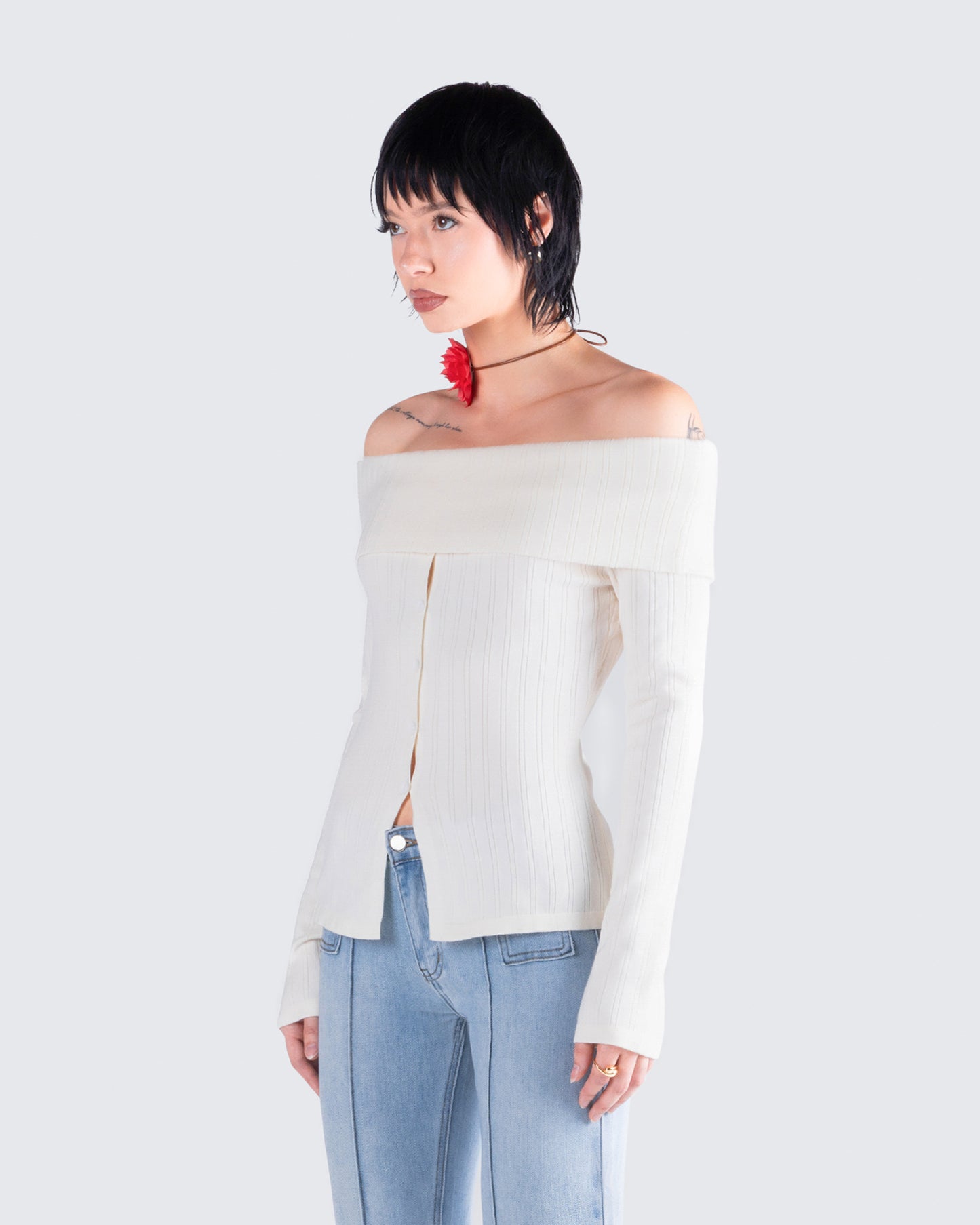 Zo Ivory Off Shoulder Sweater Top