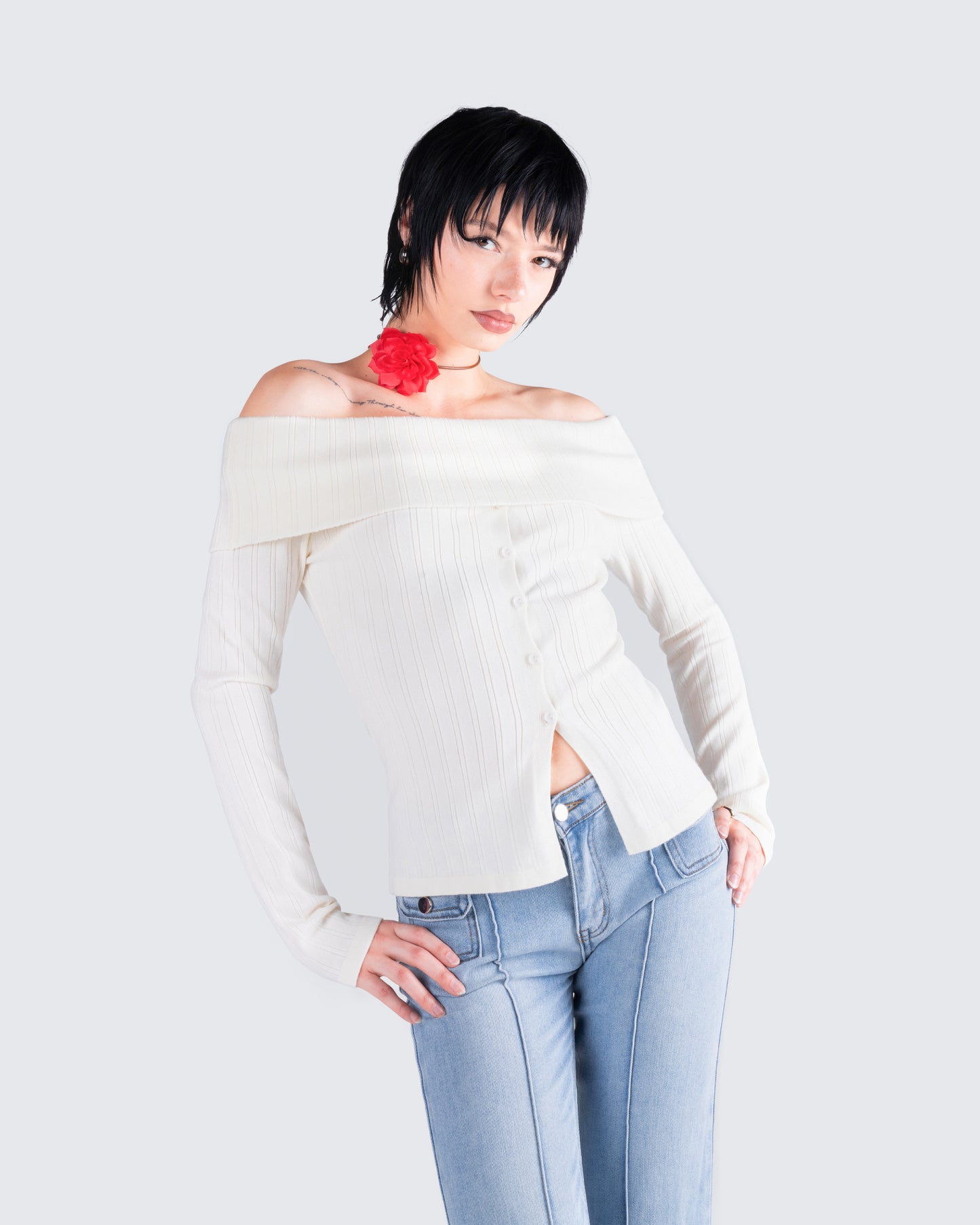 Zo Ivory Off Shoulder Sweater Top