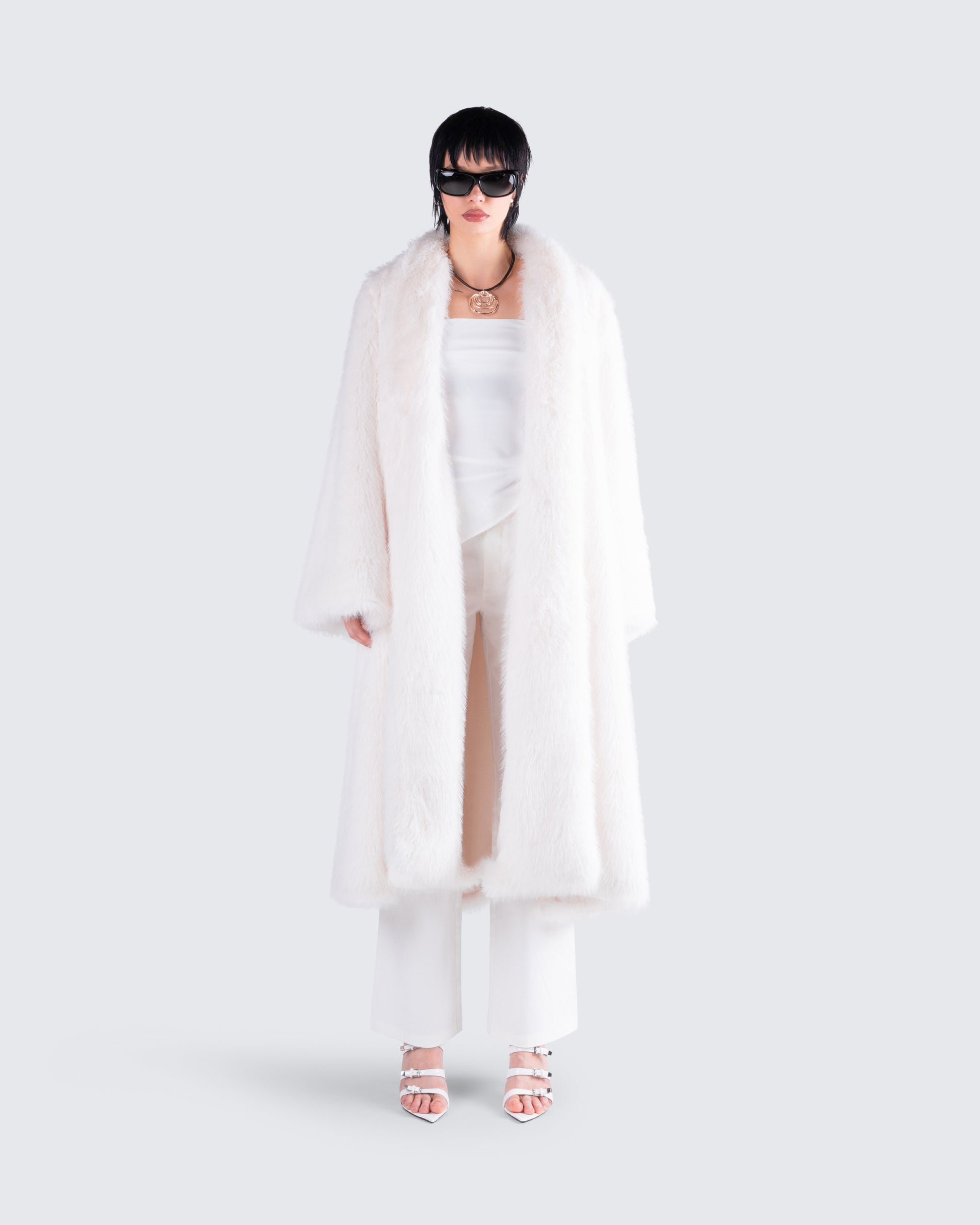 Noel Ivory Midi Vegan Fur Coat model front