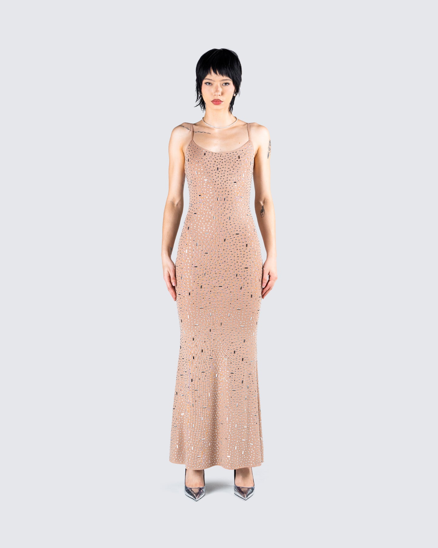Lan Nude Rhinestone Maxi Dress model front