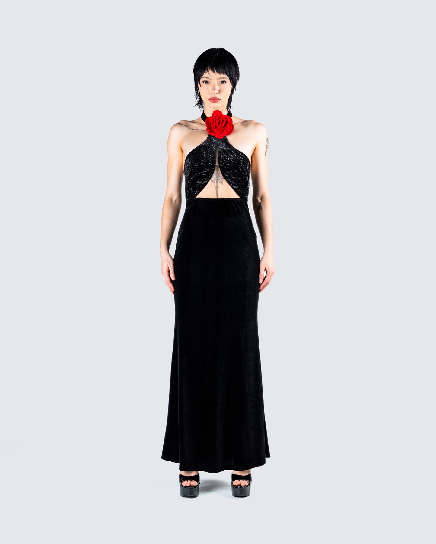 Nala Black Rhinestone Velvet Gown model front