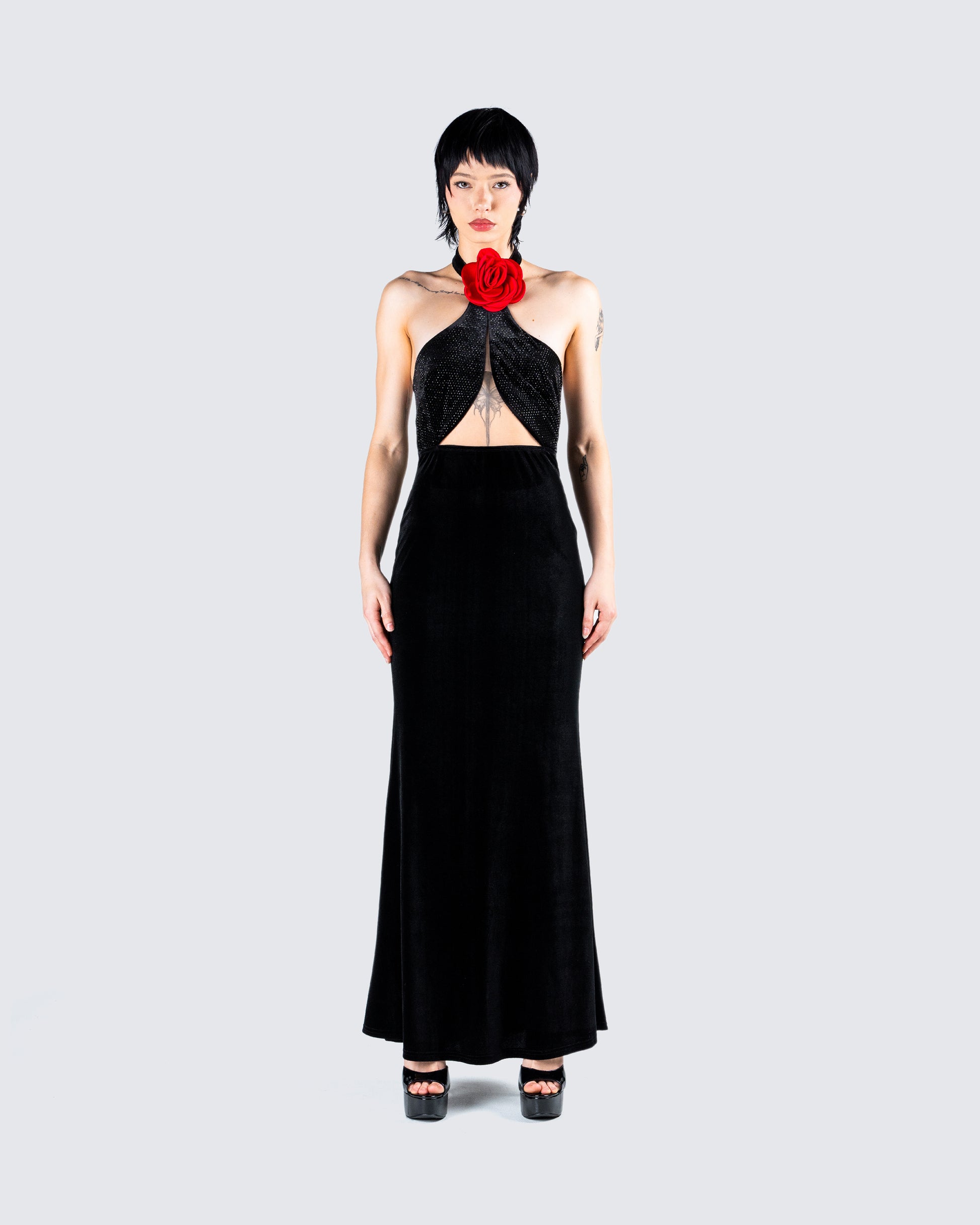 Nala Black Rhinestone Velvet Gown model front
