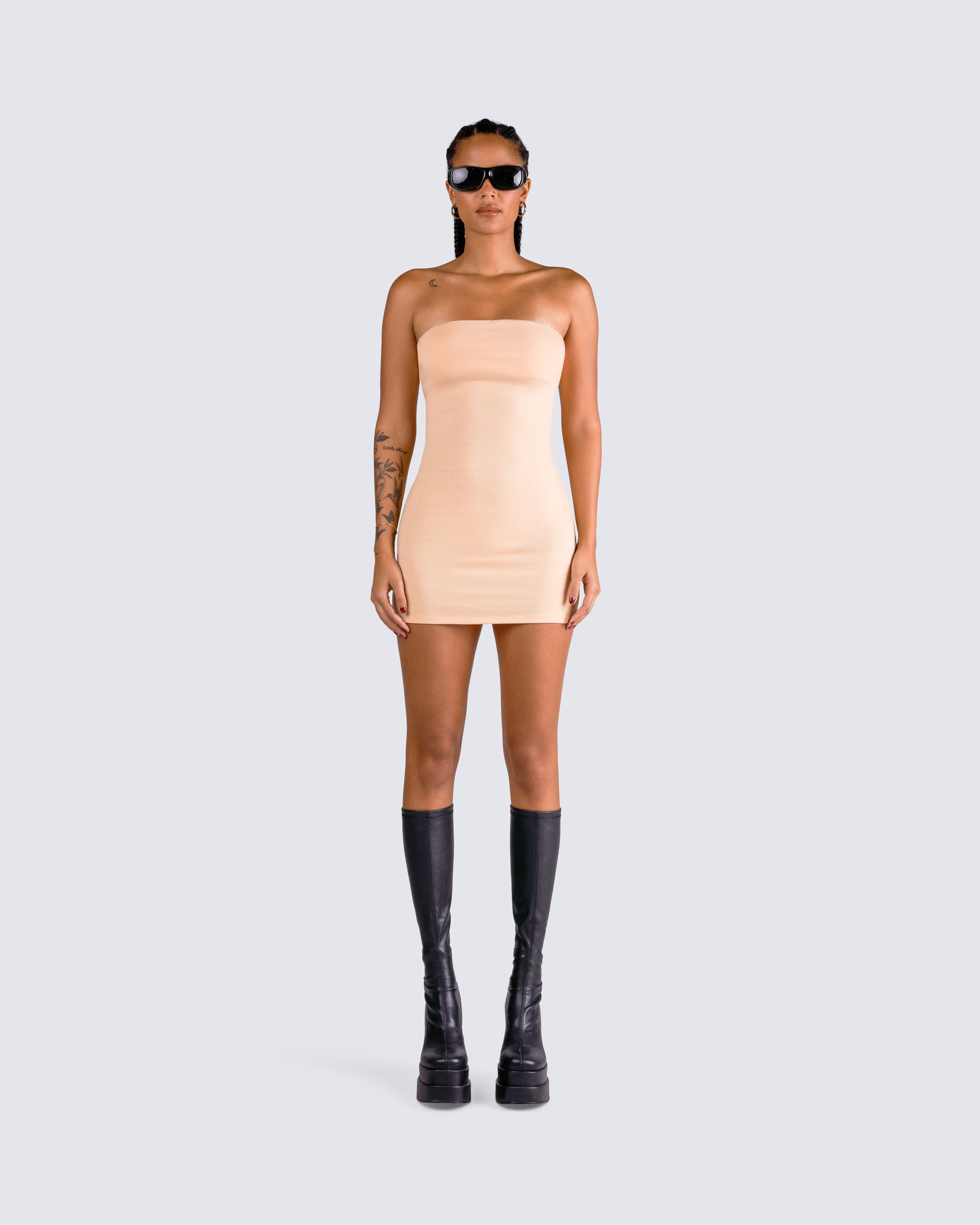 Maxine Beige Jersey Tube Dress model front