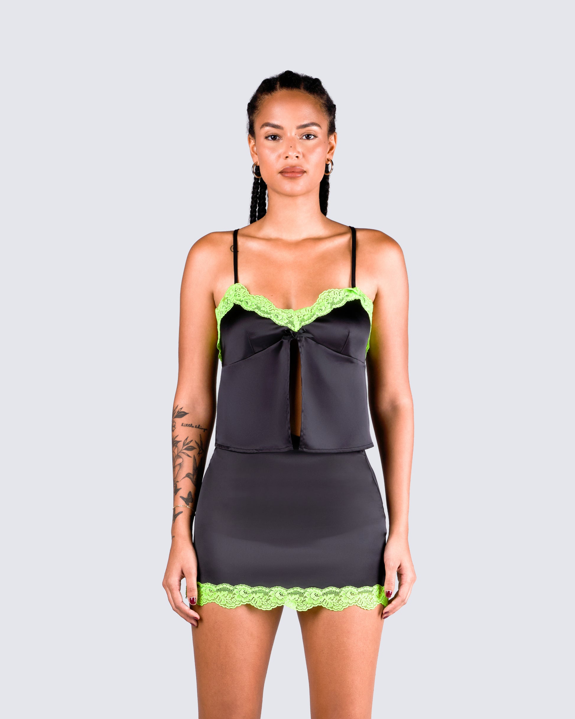 Nadya Black Satin Cami Top model front