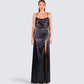 Lerata Black Satin Maxi Dress model front
