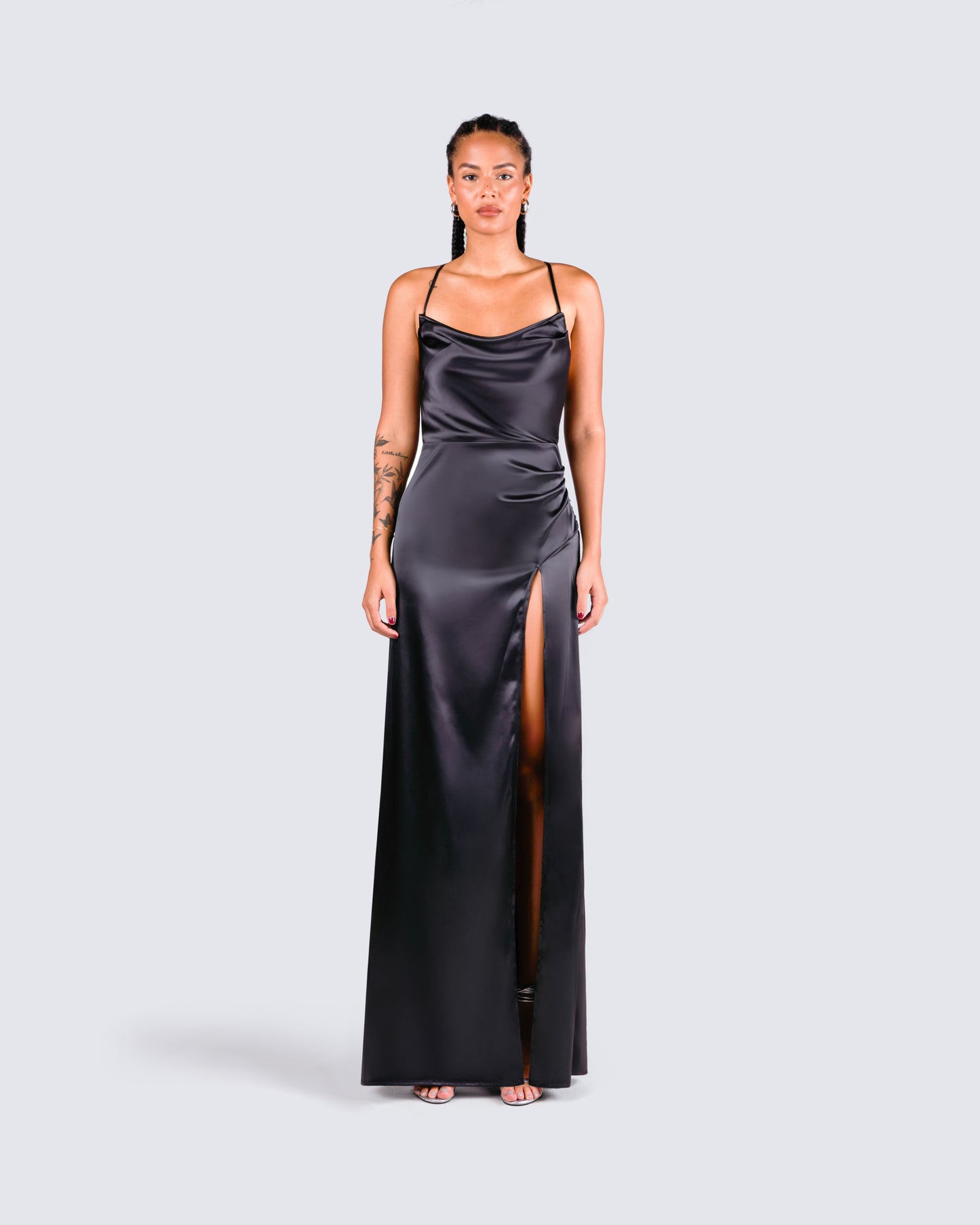Lerata Black Satin Maxi Dress model front