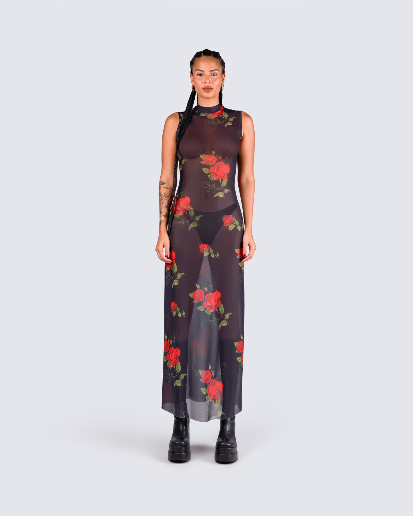 Tata Rose Print Mesh Maxi Dress model front