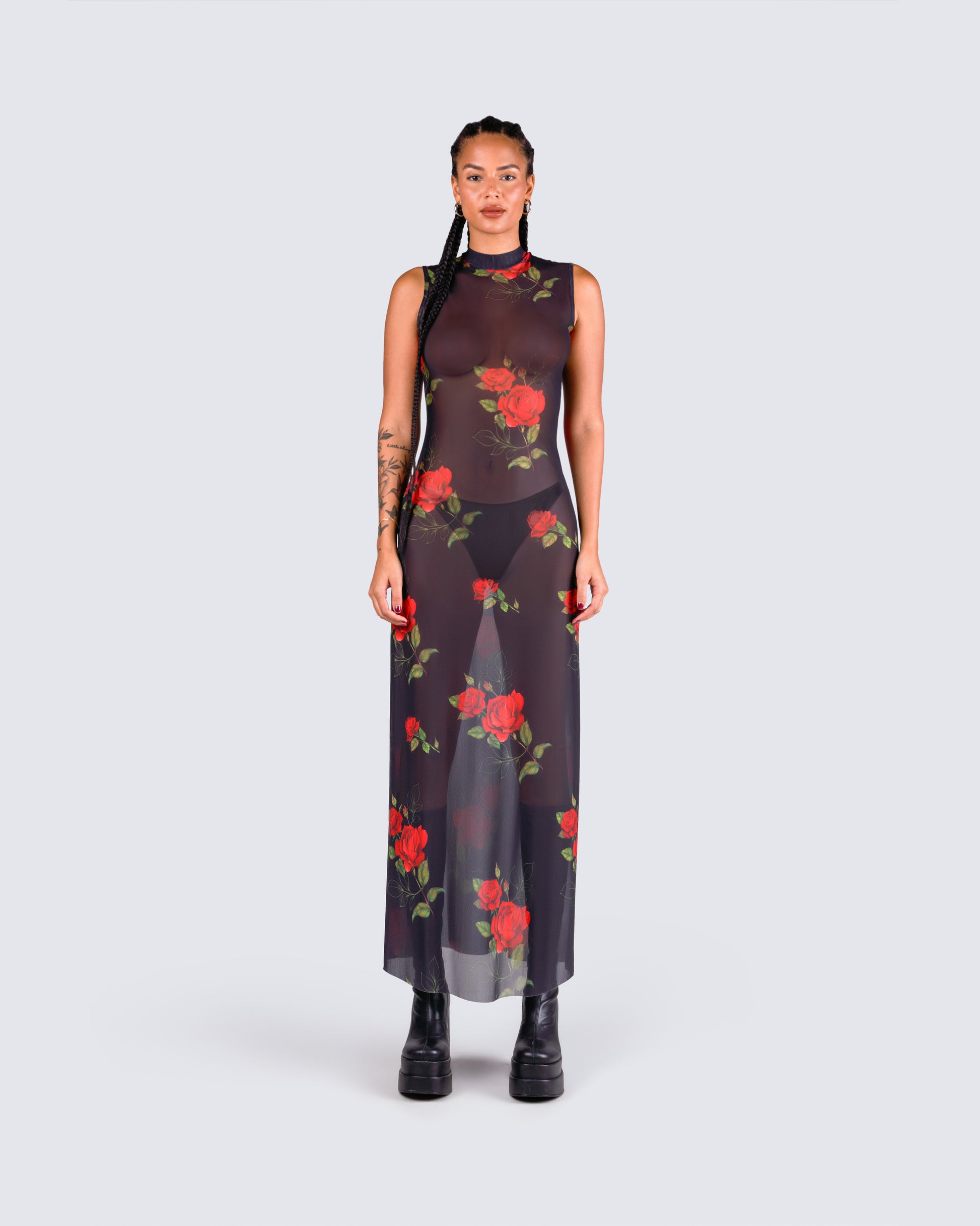 Tata Rose Print Mesh Maxi Dress model front